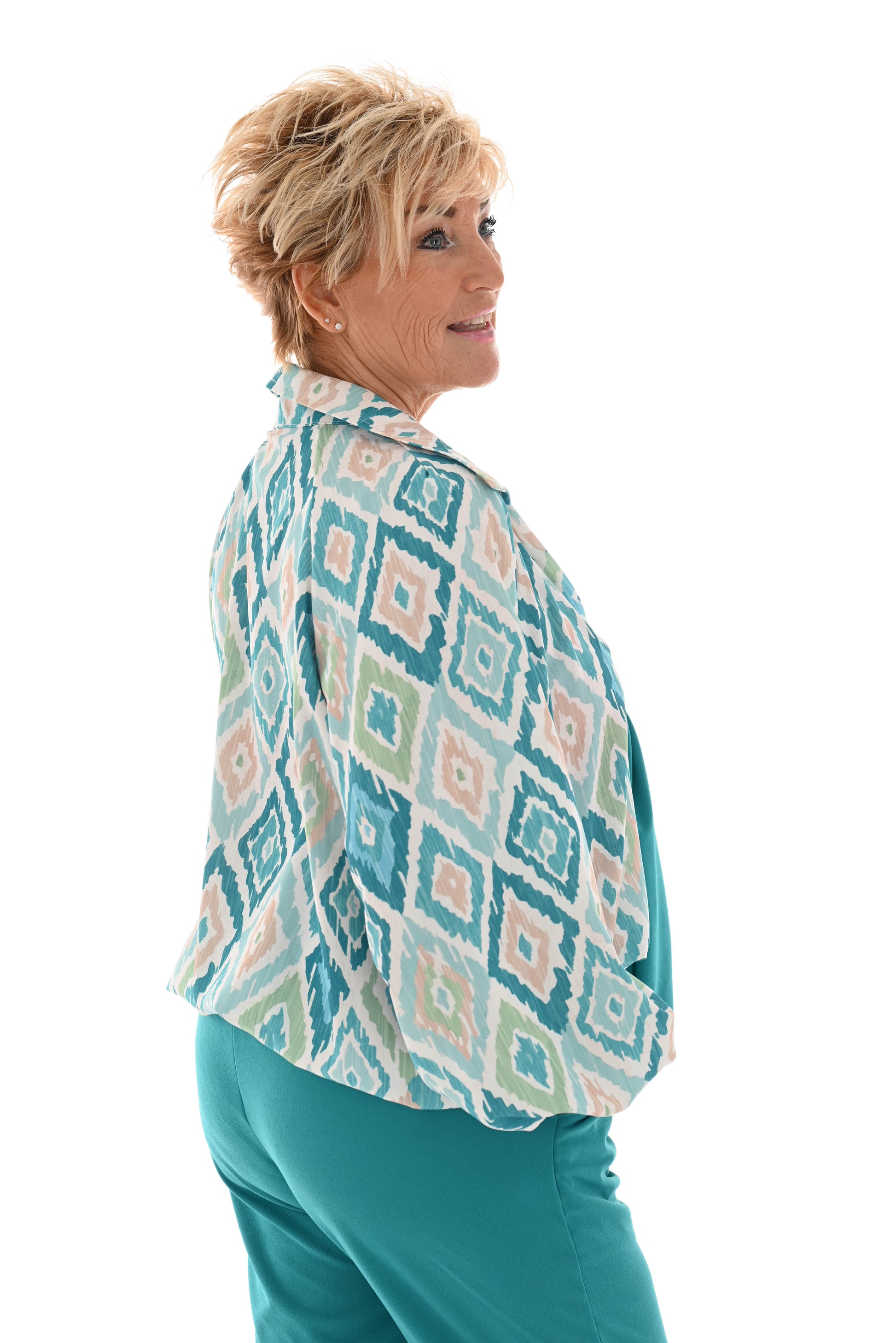 Blouse multi v-hals grote ruit turquoise