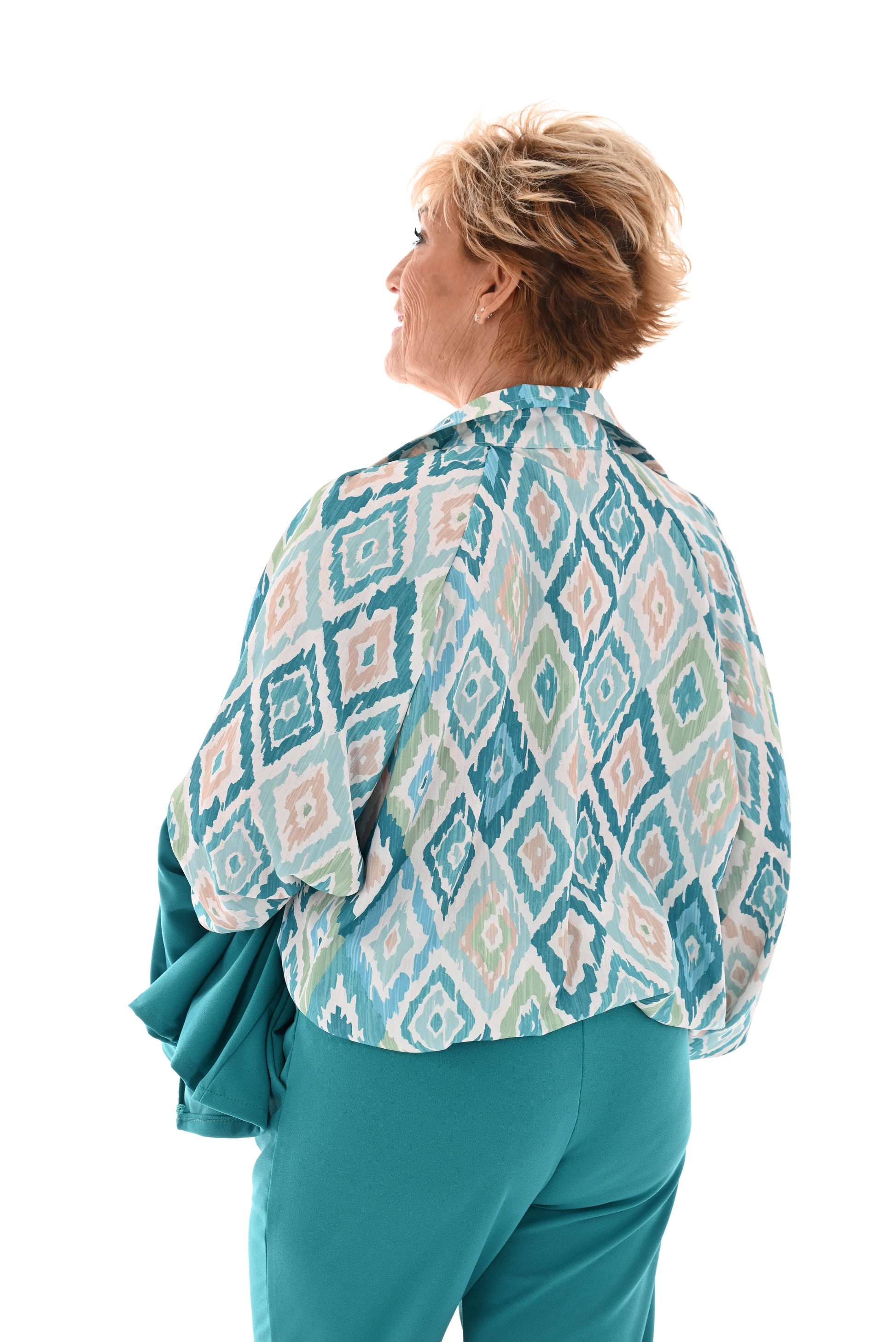 Blouse multi v-hals grote ruit turquoise