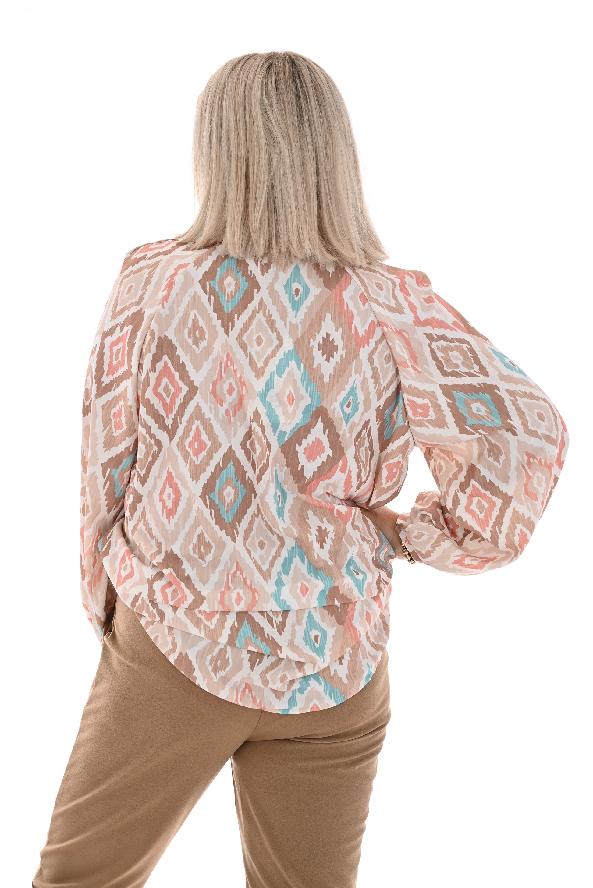 Blouse multi v-hals grote ruit beige