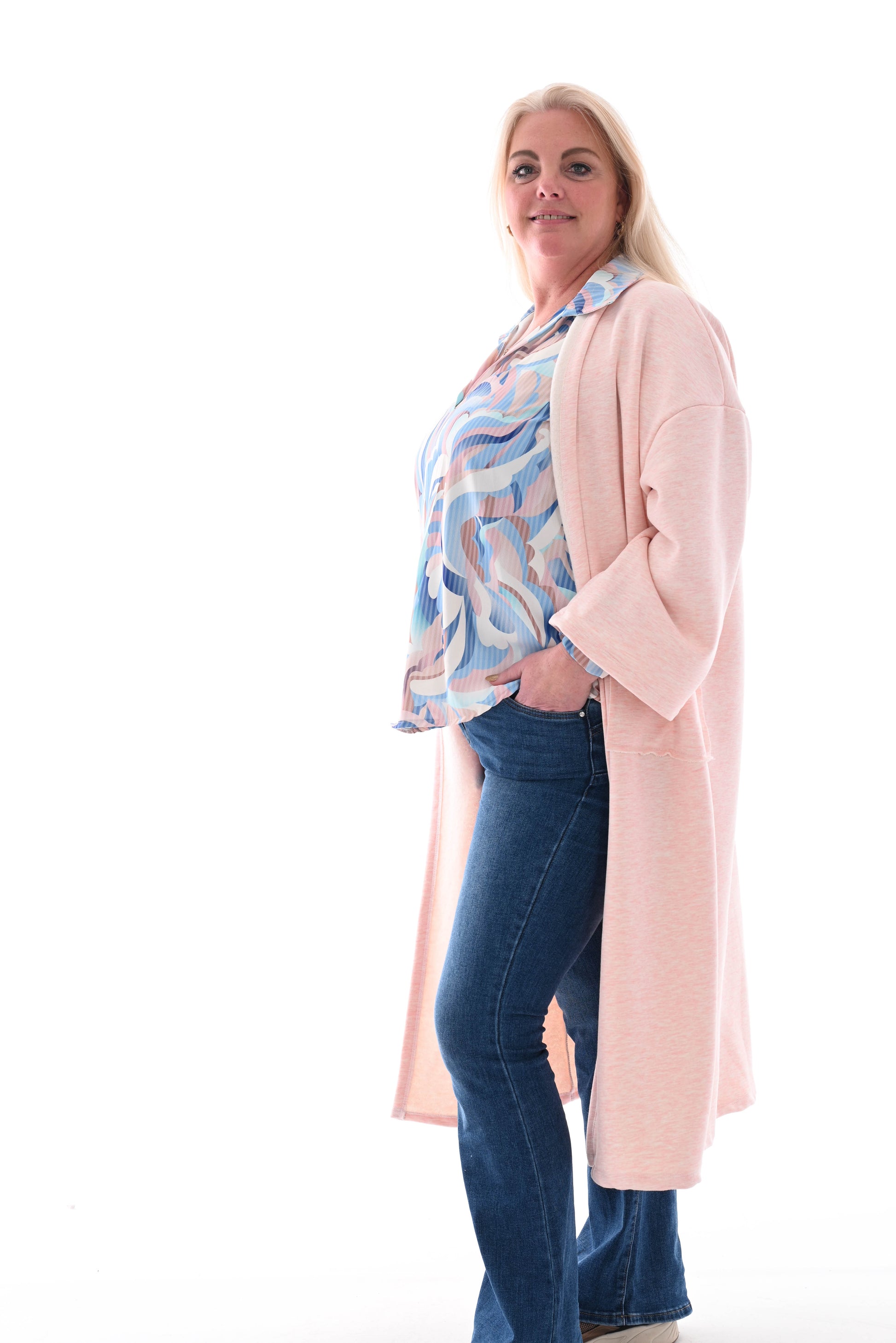 Lang sweater vest met zakken gemeleerd roze