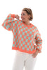 Fluffy trui blok patroon oranje/mint groen