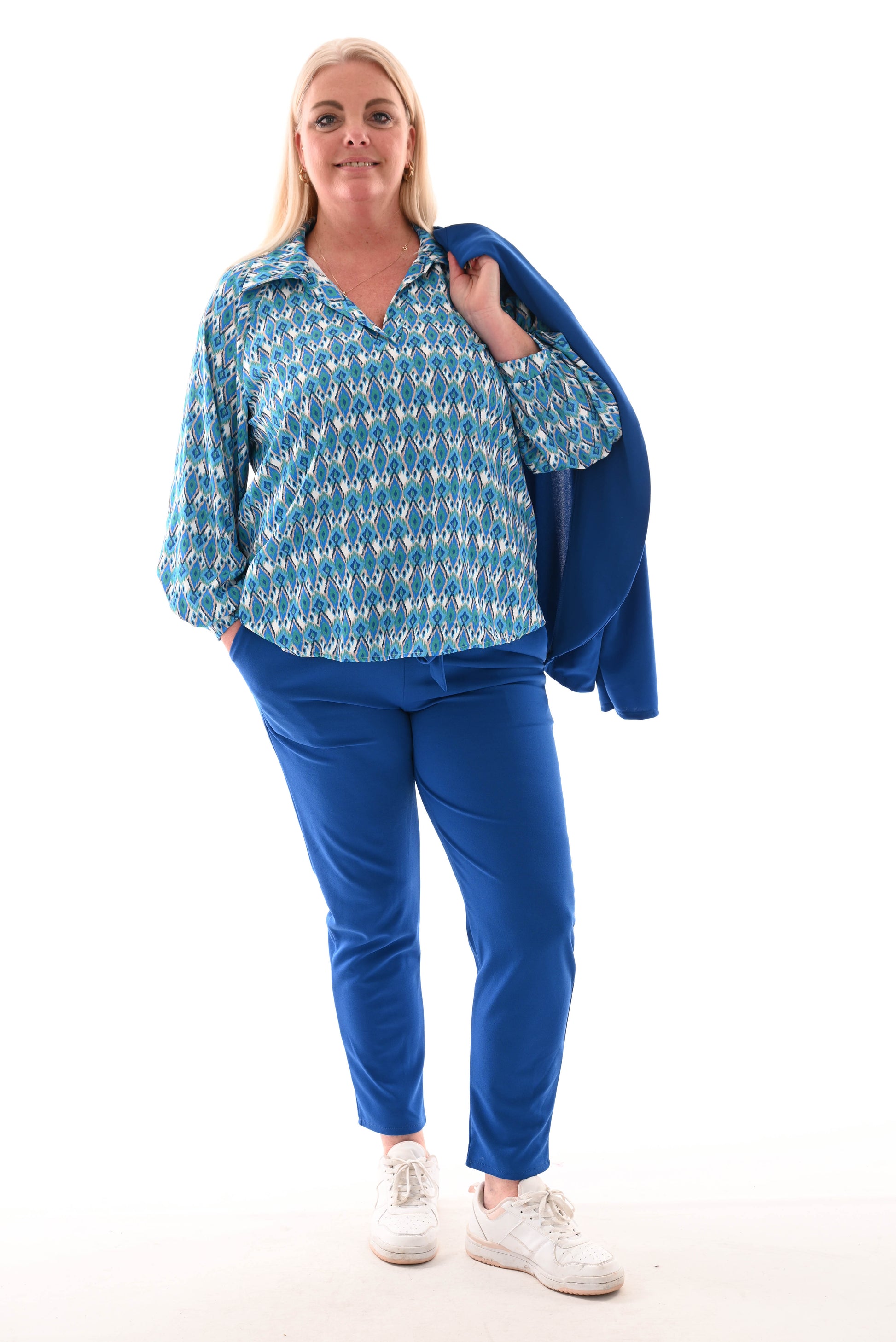 Blouse multi v-hals kleine ruit blauw