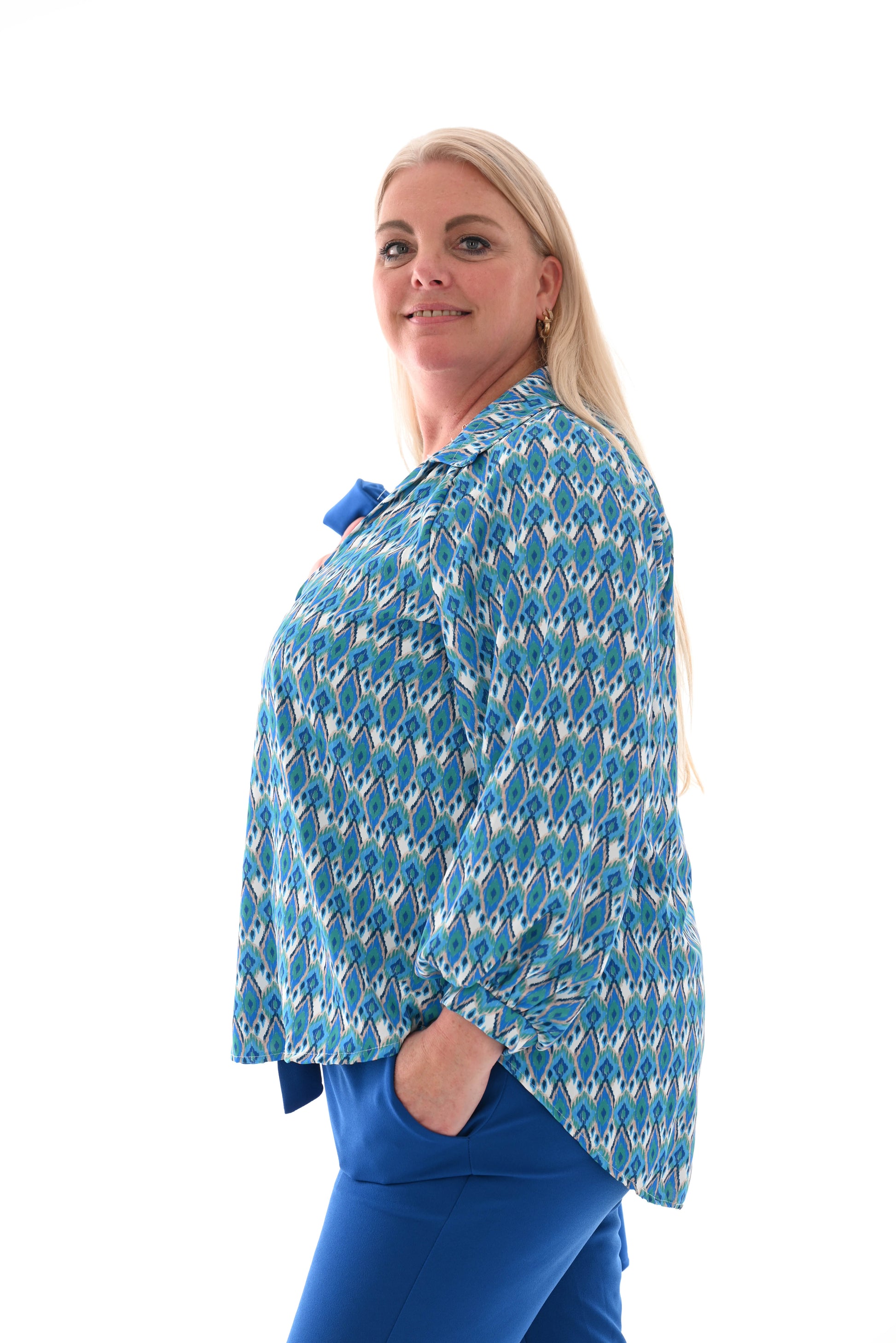 Blouse multi v-hals kleine ruit blauw