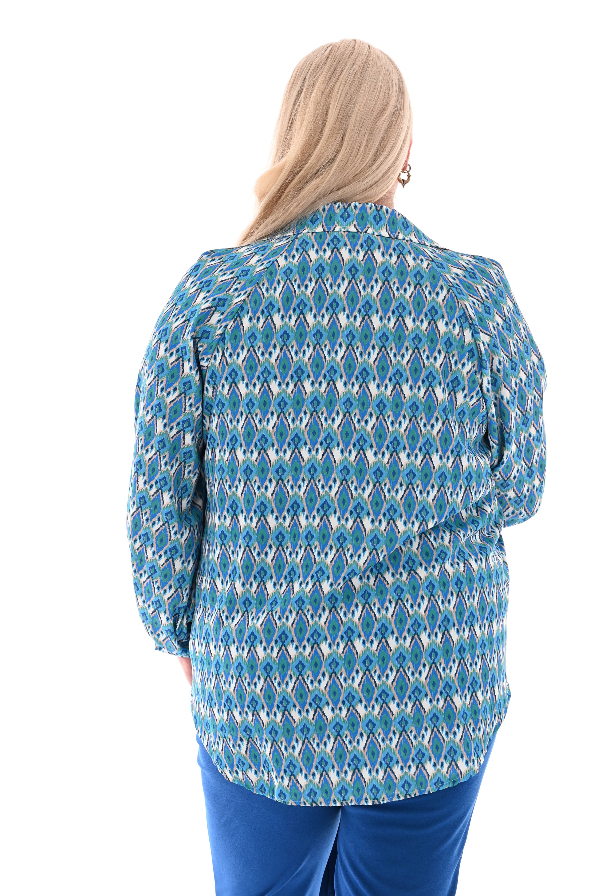 Blouse multi v-hals kleine ruit blauw