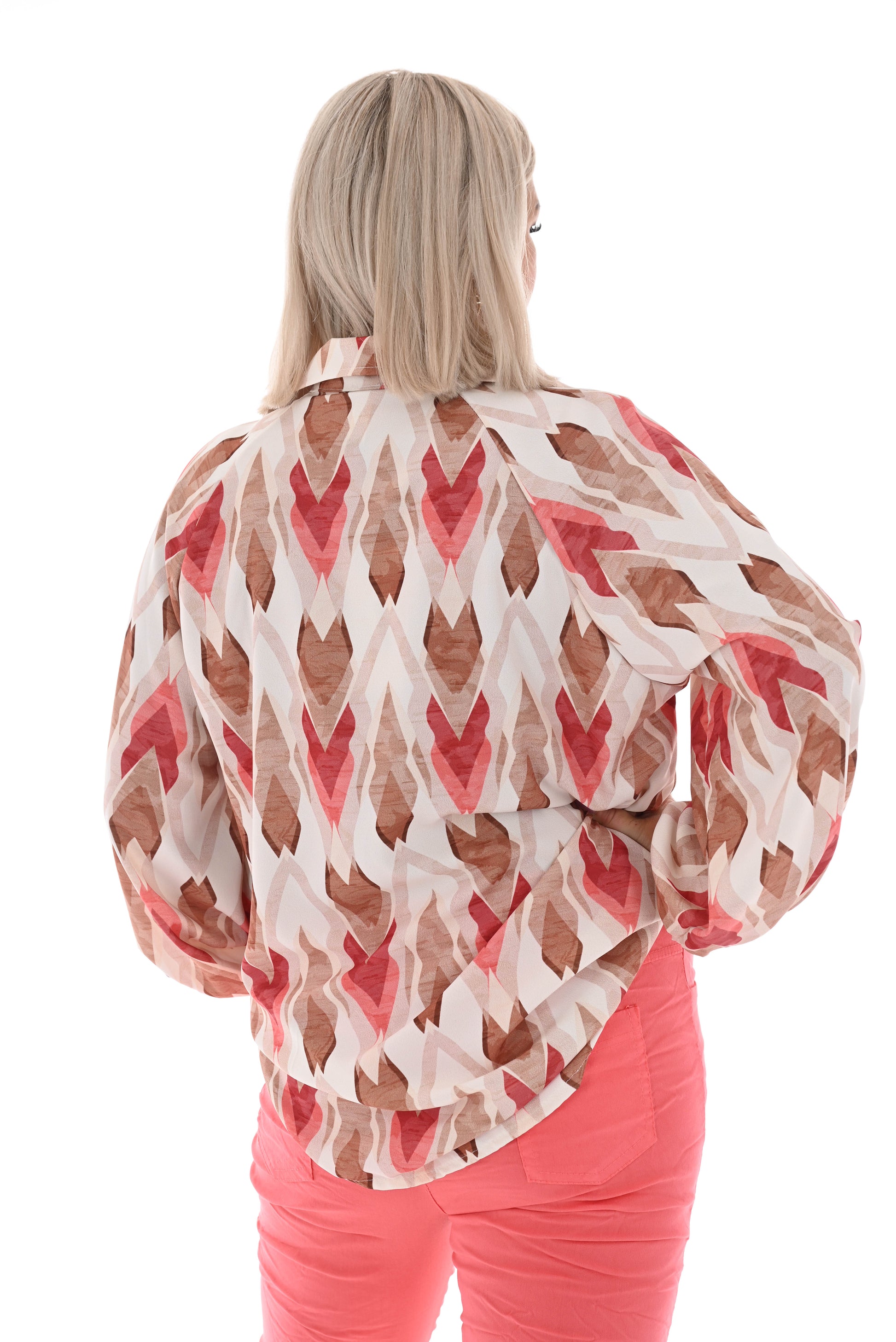 Blouse multi v-hals pijl patroon beige/oranje