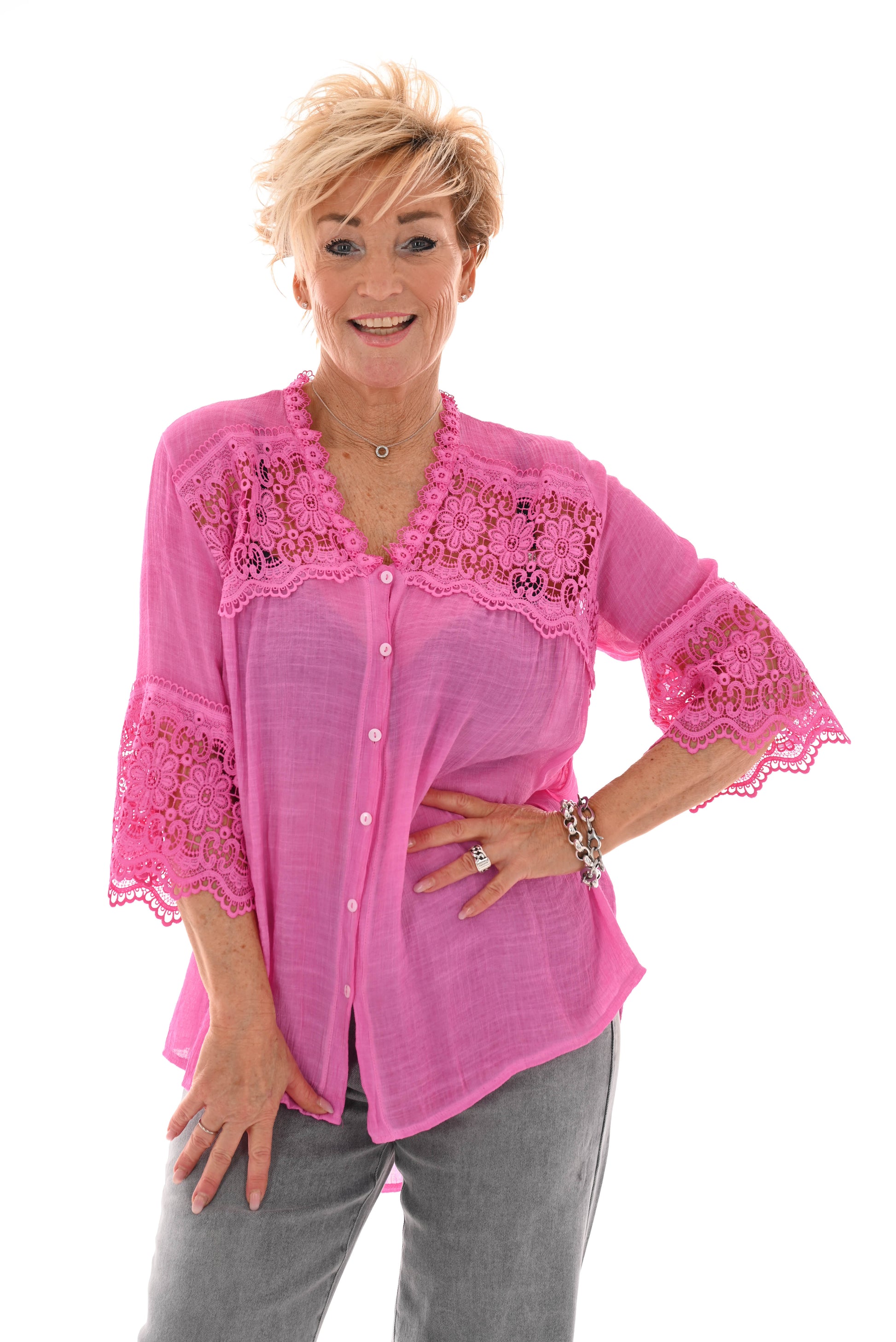 Blouse linnenlook met kant roze