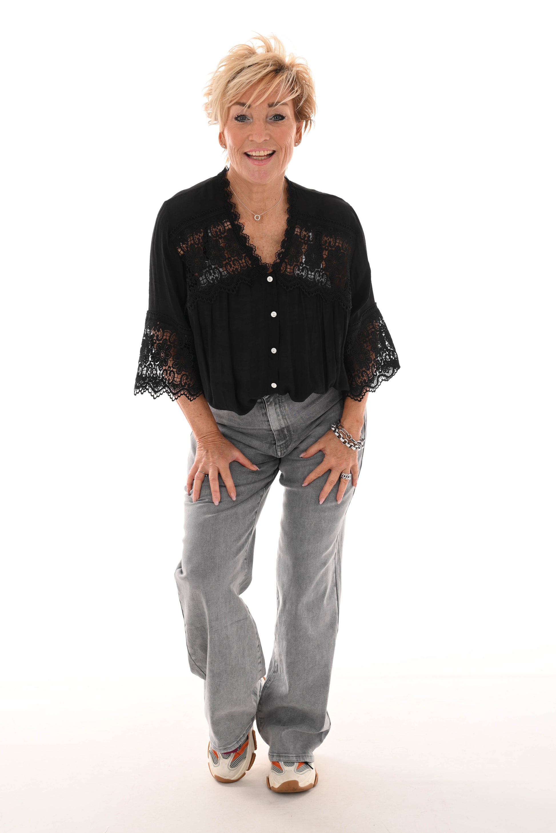 Blouse linnenlook met kant zwart