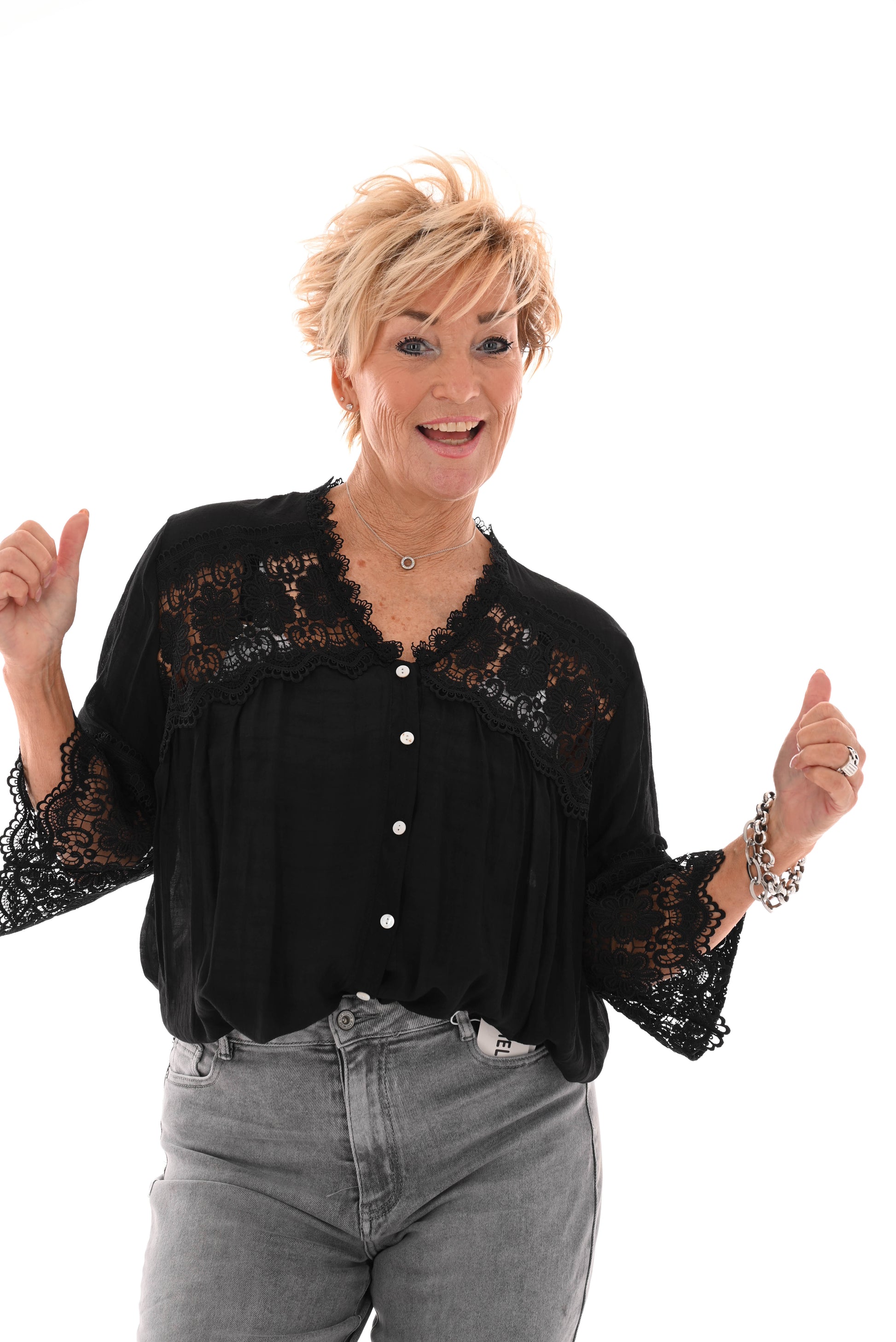 Blouse linnenlook met kant zwart