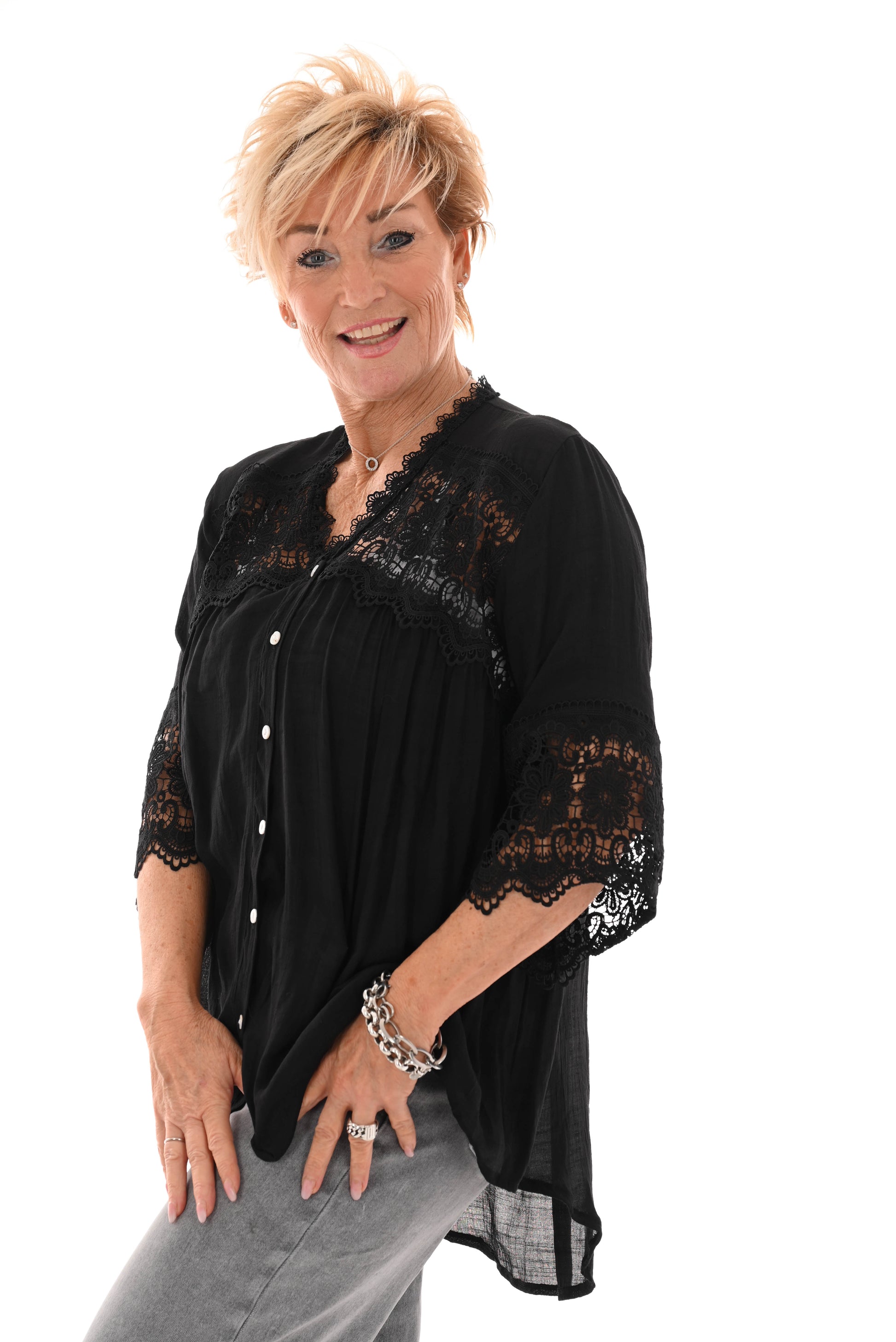 Blouse linnenlook met kant zwart