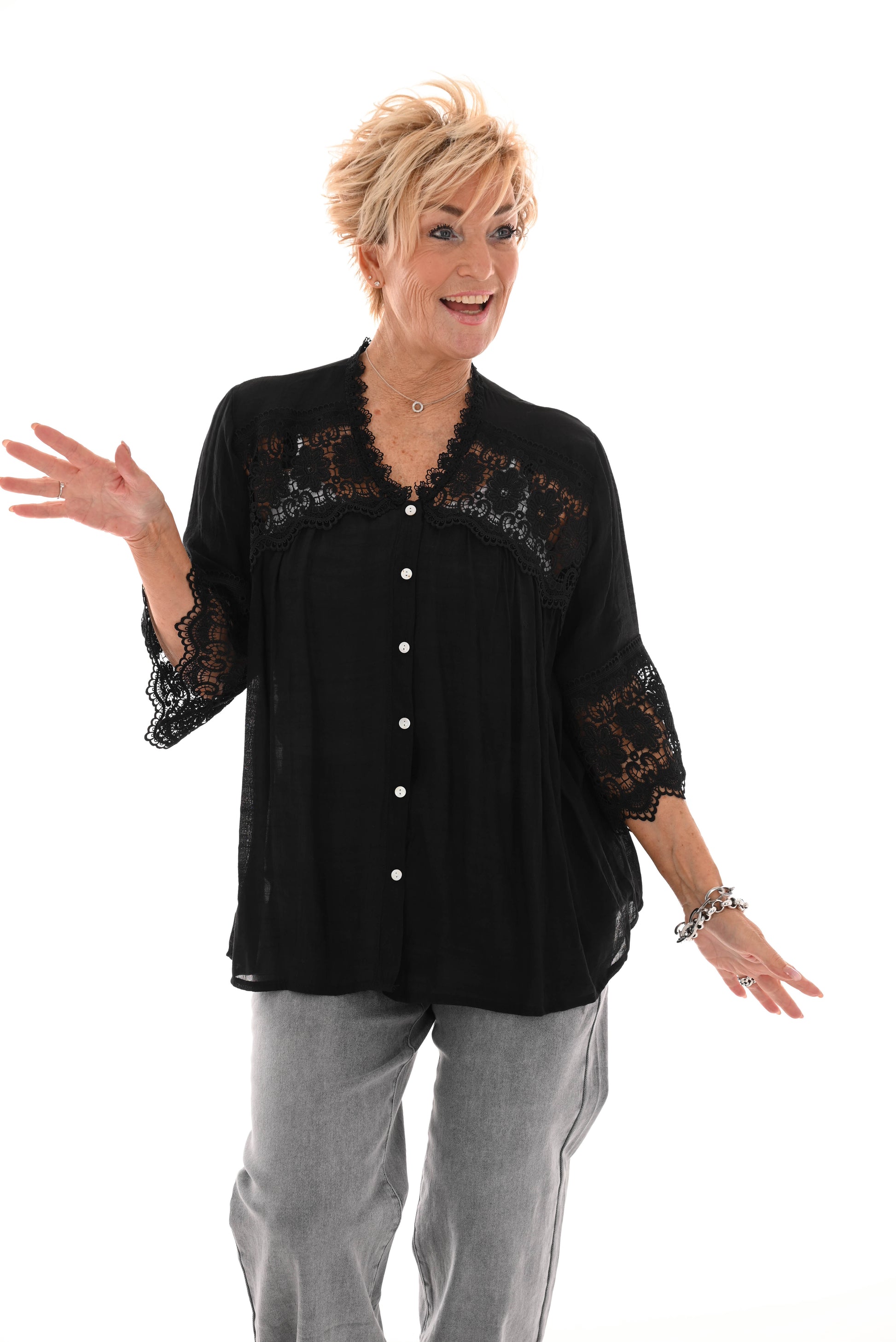 Blouse linnenlook met kant zwart