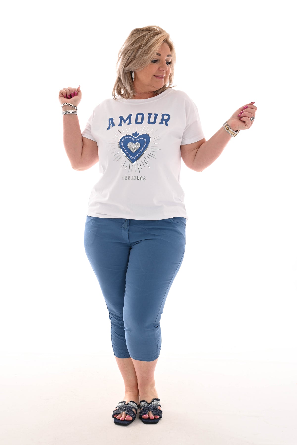 Stretchbroek uni capri jeansblauw