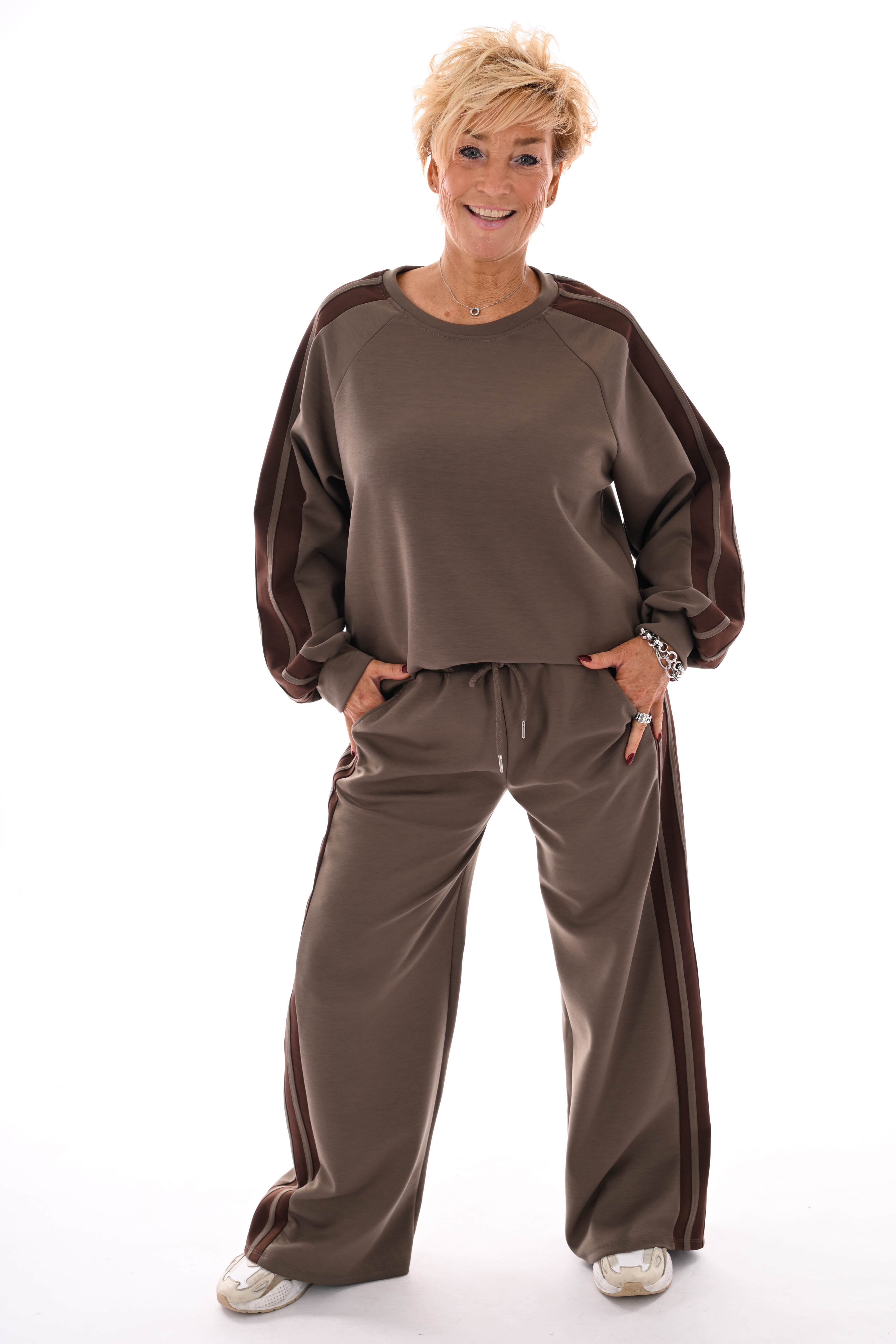 Tweedelig pak strepen bies taupe