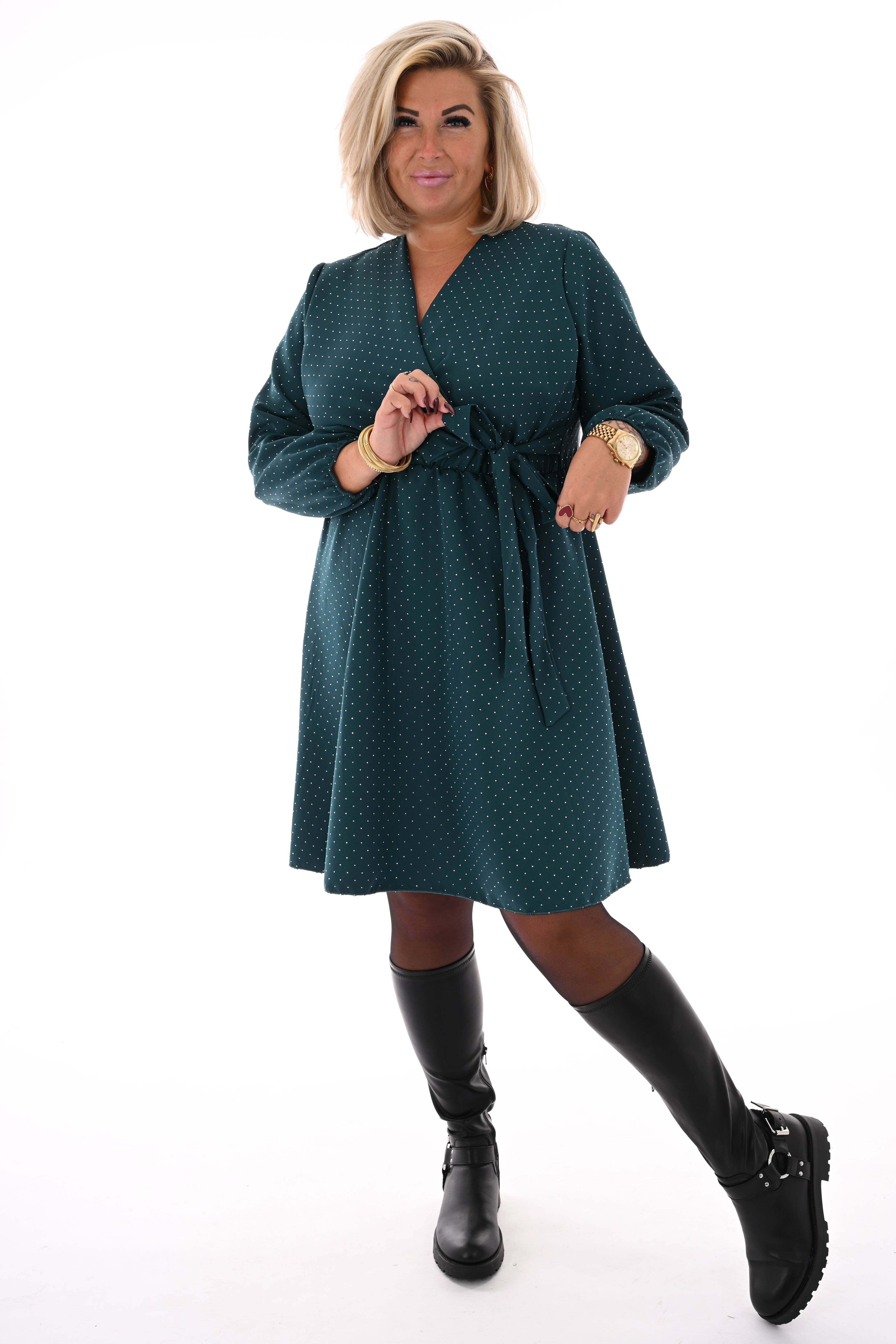 Korte jurk met strik en strass flessengroen