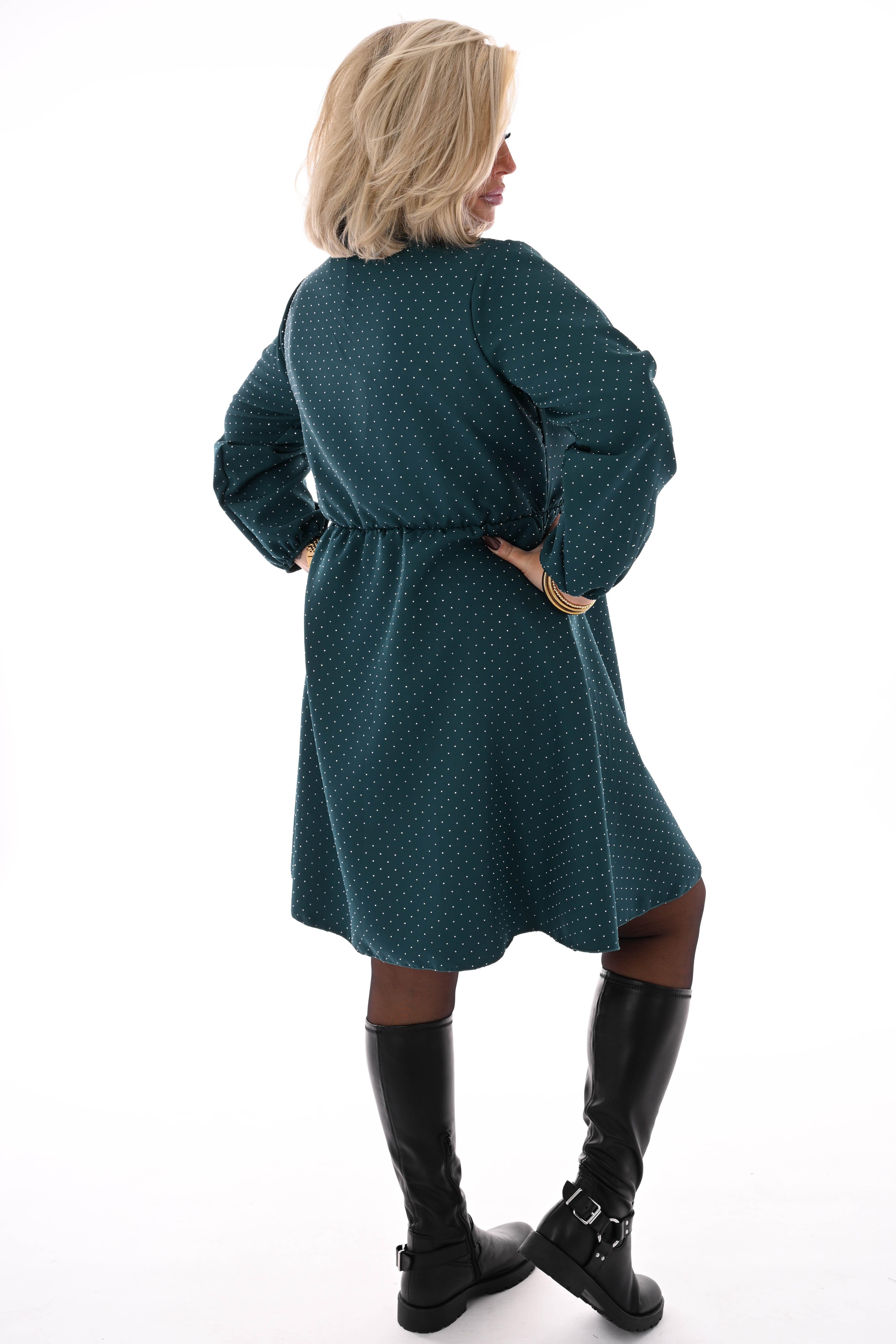 Korte jurk met strik en strass flessengroen