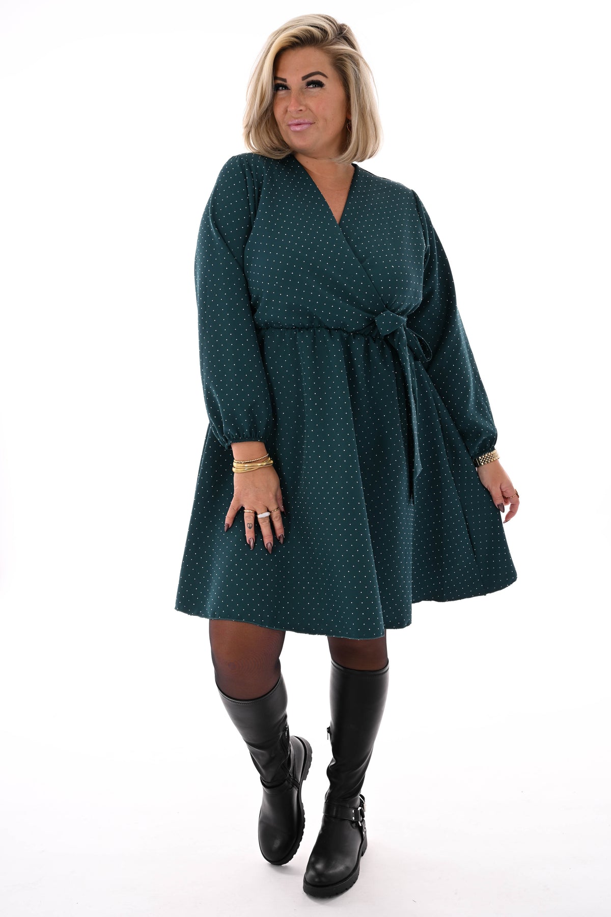 Korte jurk met strik en strass flessengroen