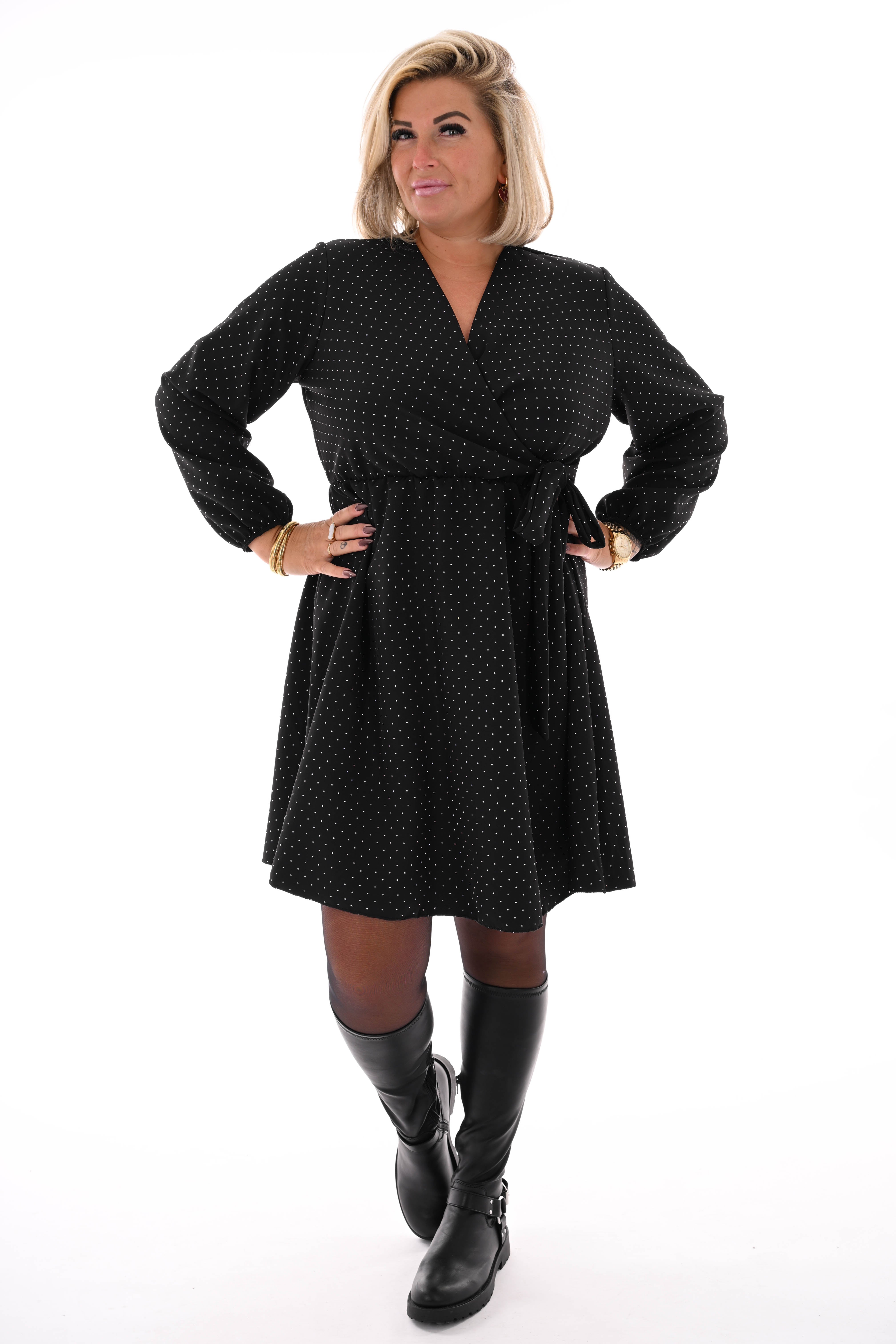 Korte jurk met strik en strass zwart/zilver