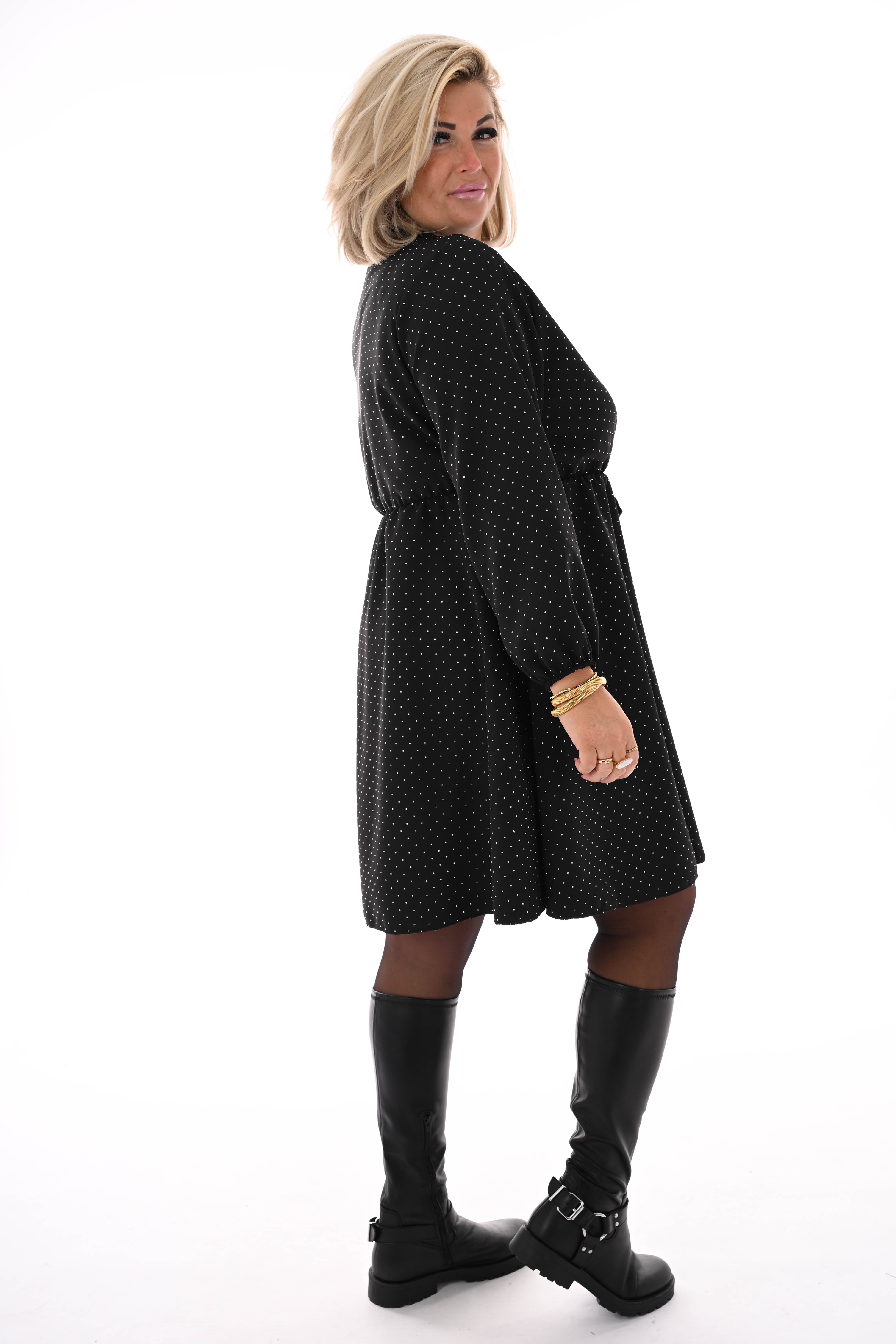 Korte jurk met strik en strass zwart/zilver