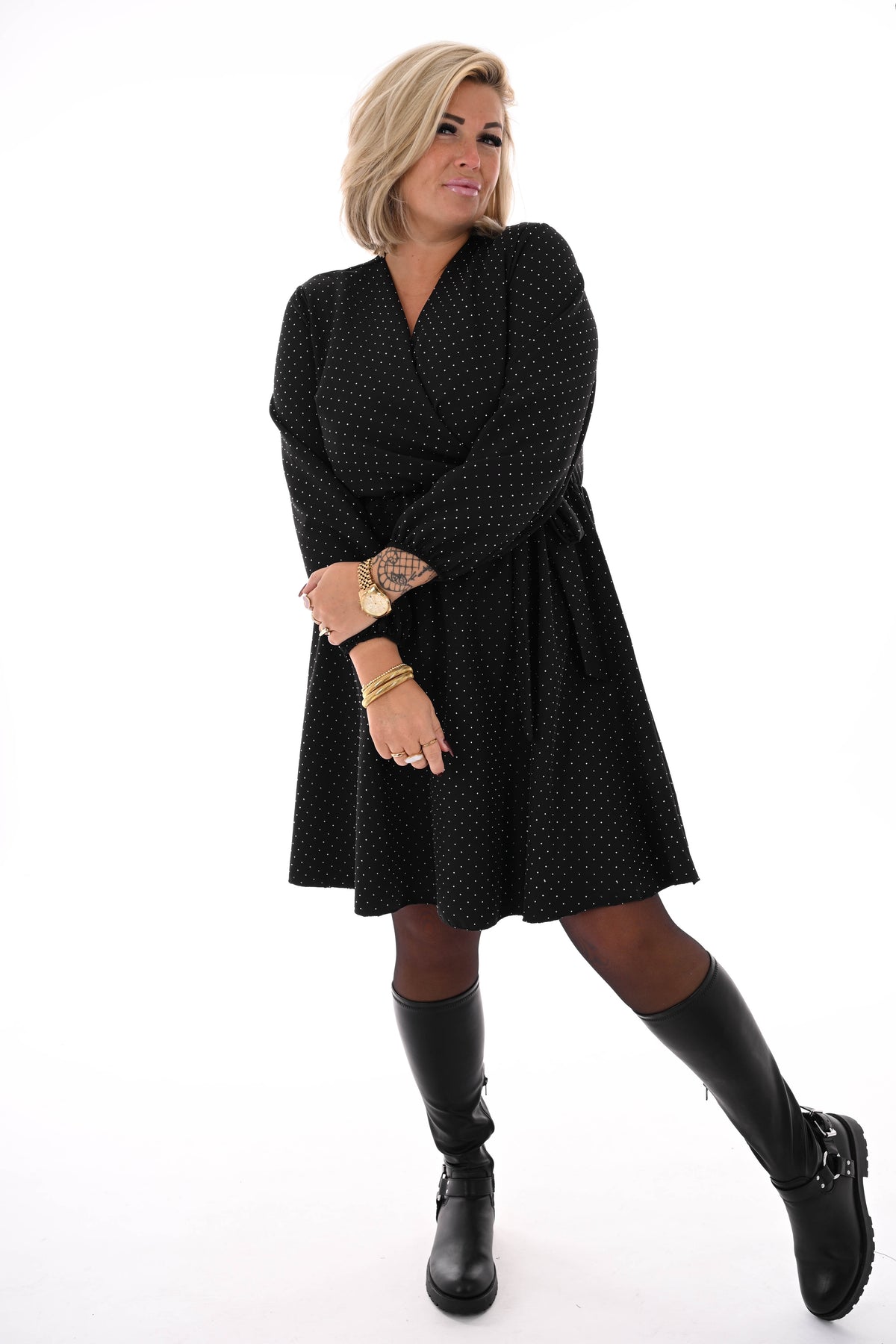 Korte jurk met strik en strass zwart/zilver