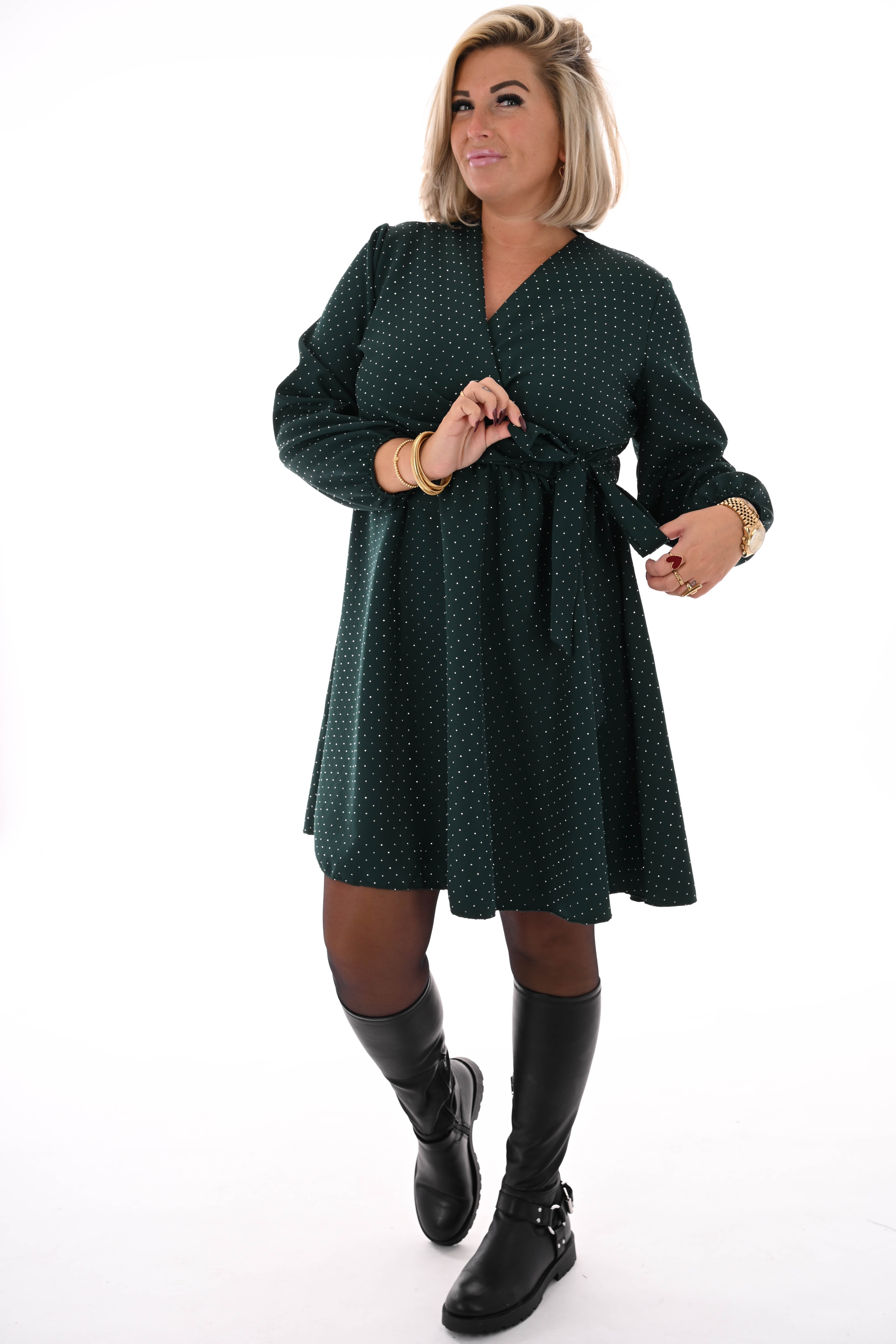 Korte jurk met strik en strass donkergroen