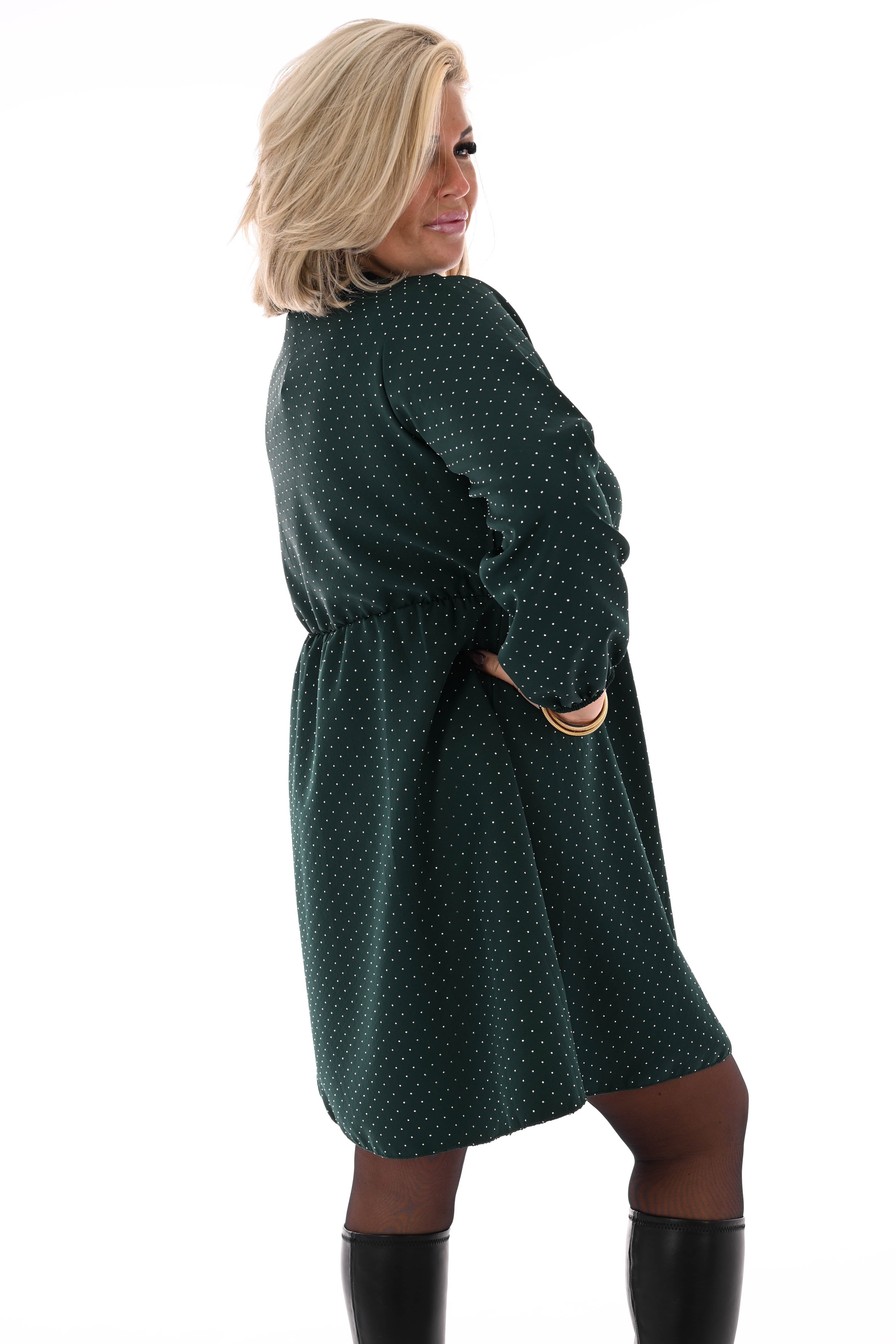 Korte jurk met strik en strass donkergroen