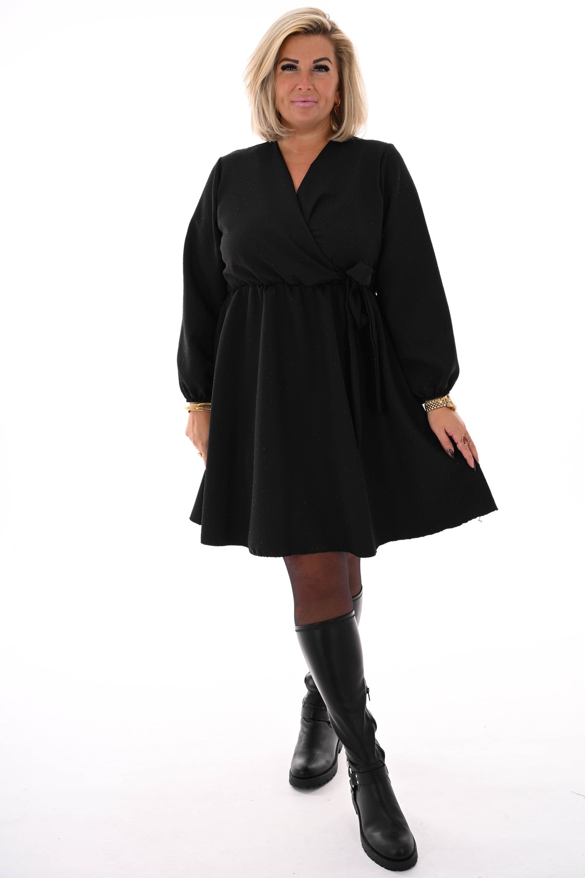 Korte jurk met strik en strass zwart