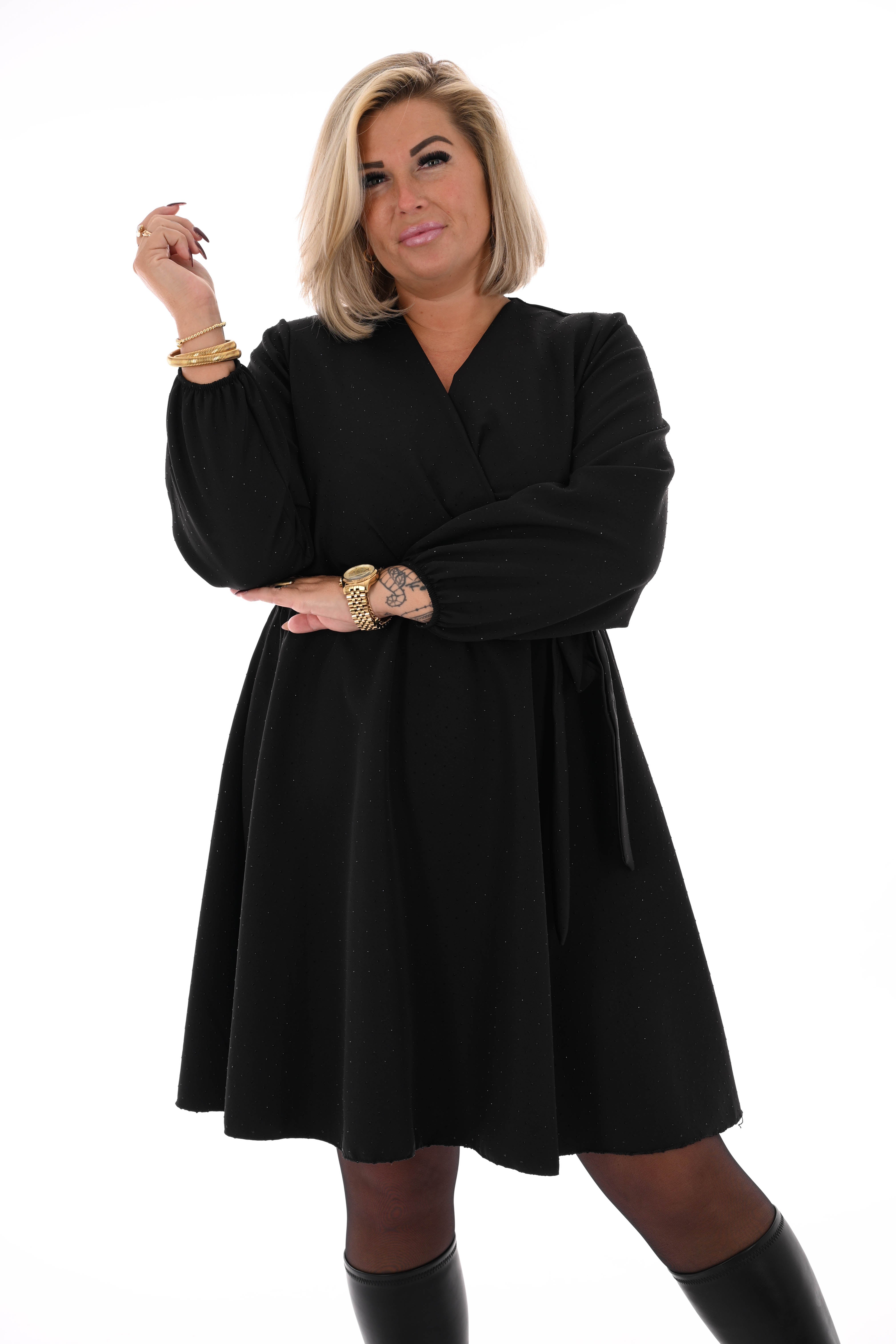 Korte jurk met strik en strass zwart