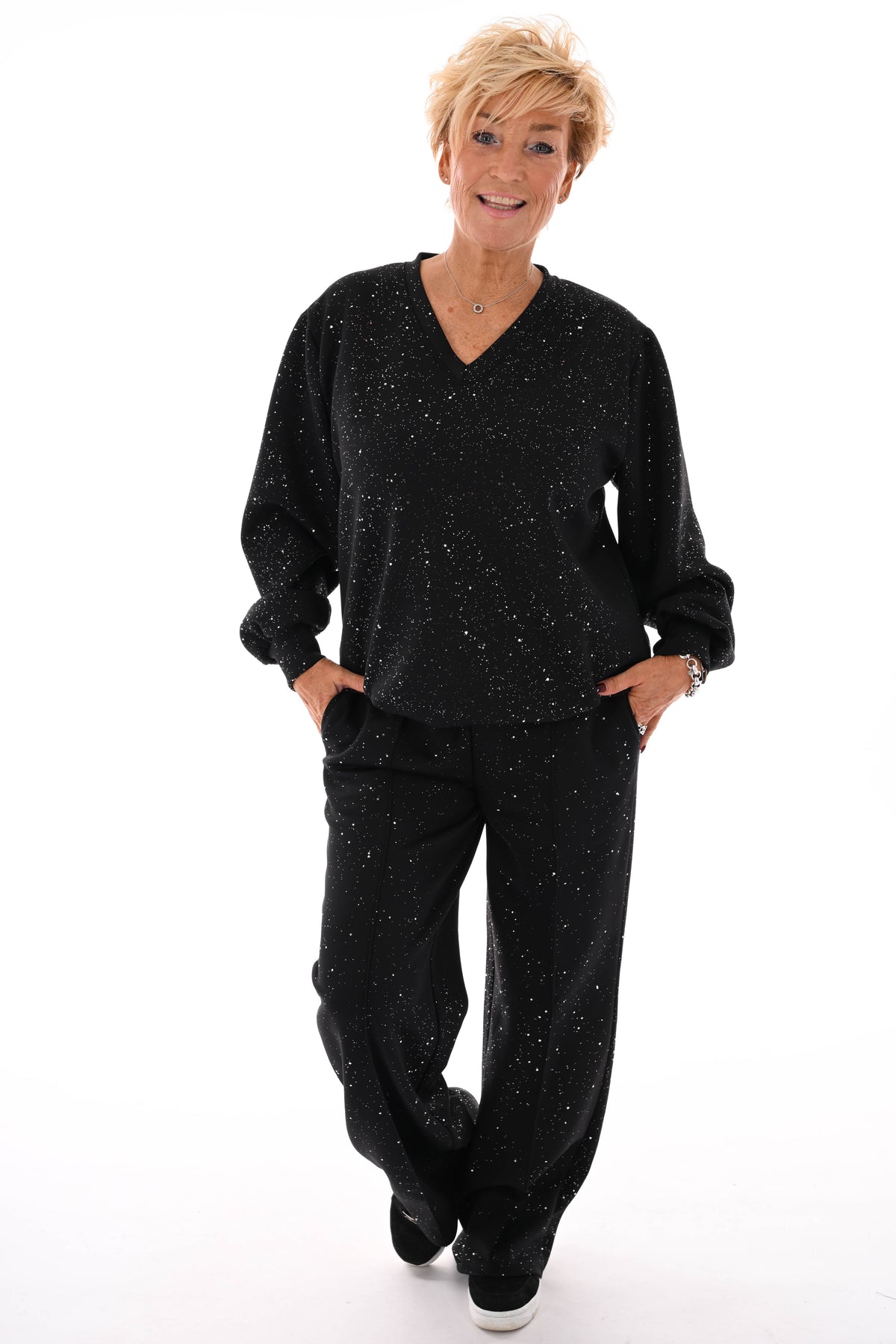 Tweedelig pak glitter flakes sweater v-hals zwart