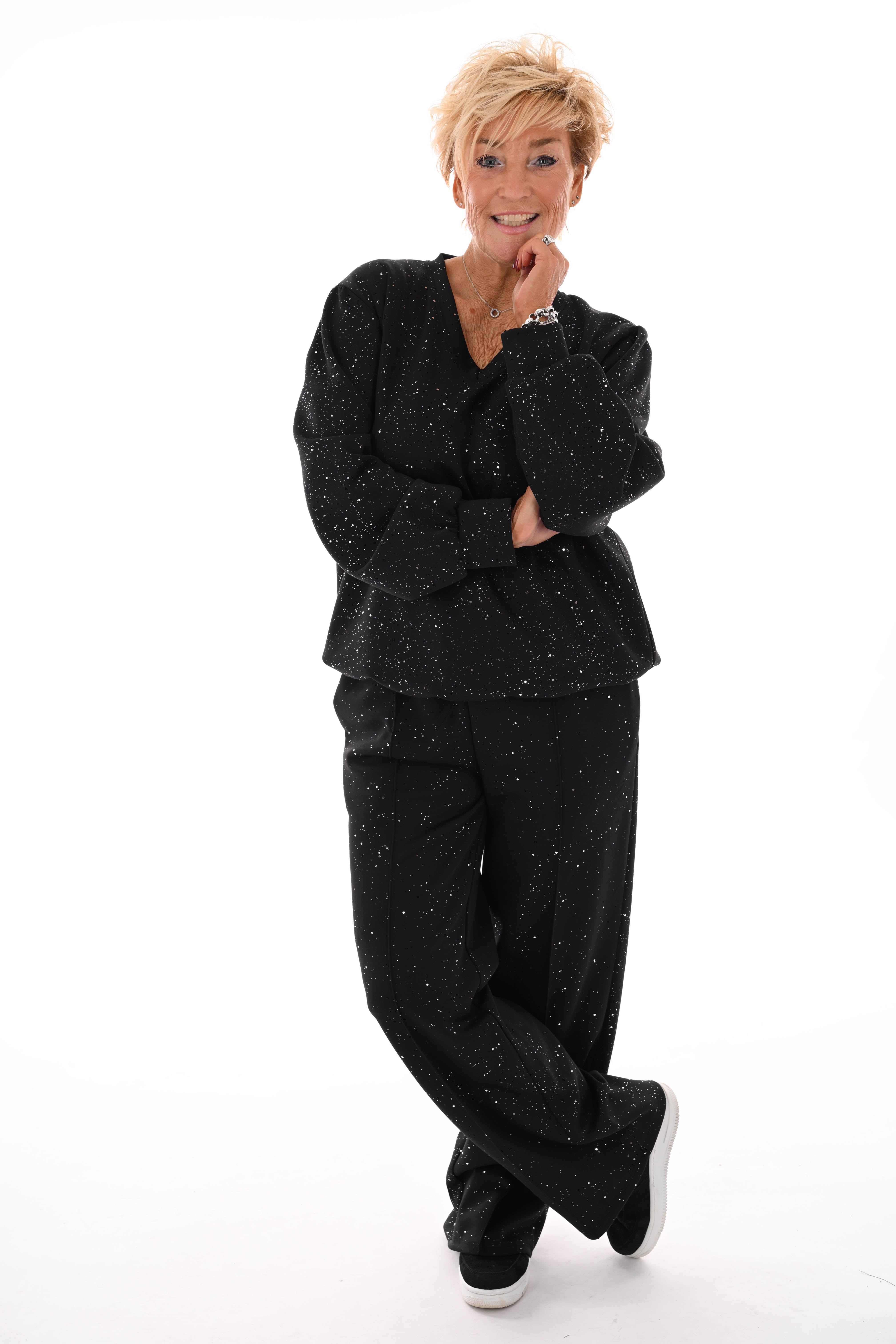 Tweedelig pak glitter flakes sweater v-hals zwart