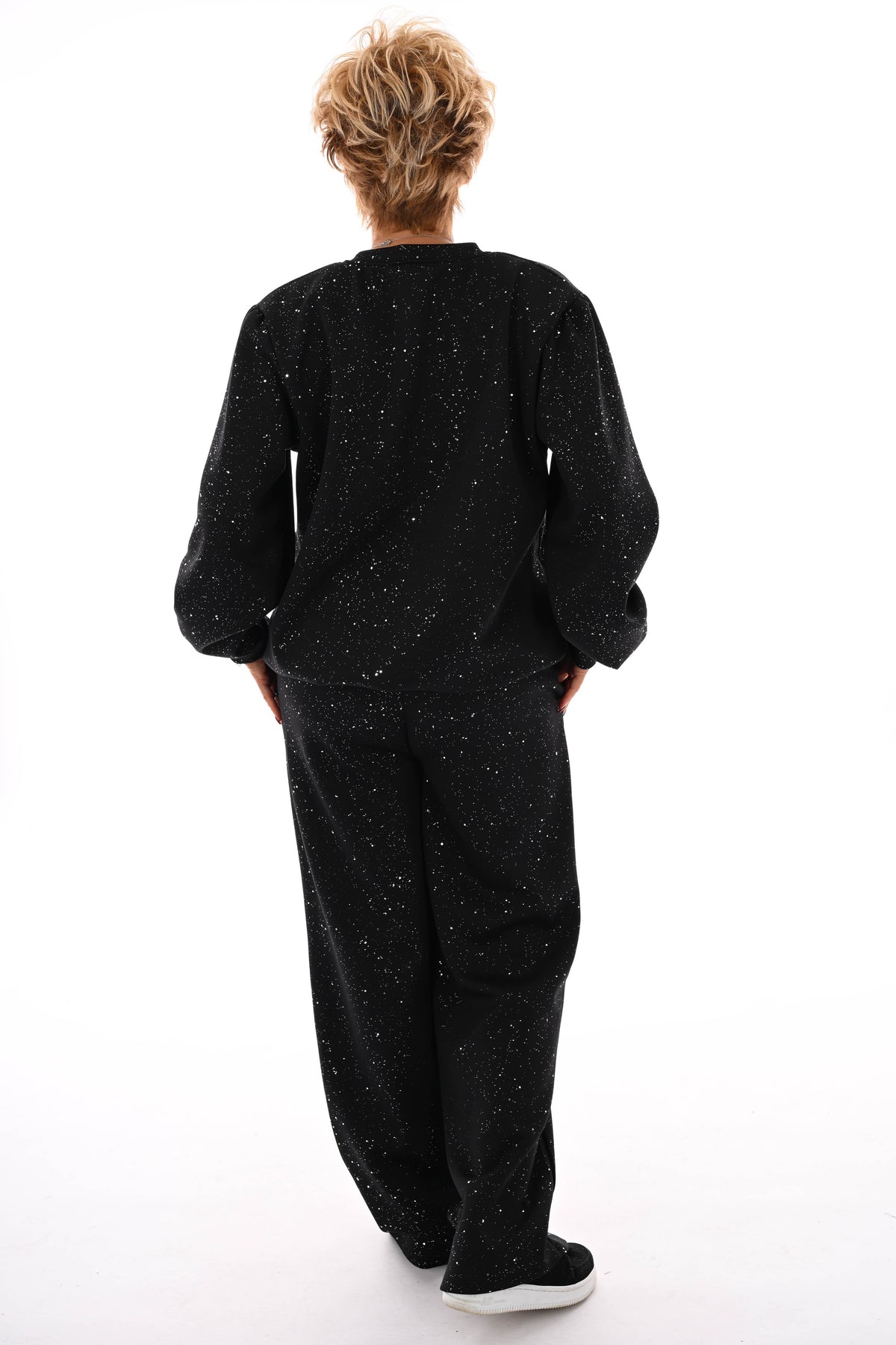 Tweedelig pak glitter flakes sweater v-hals zwart