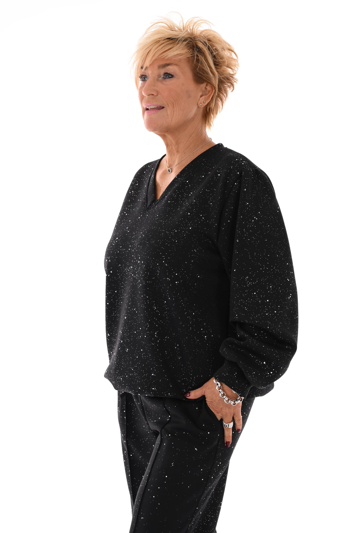 Tweedelig pak glitter flakes sweater v-hals zwart