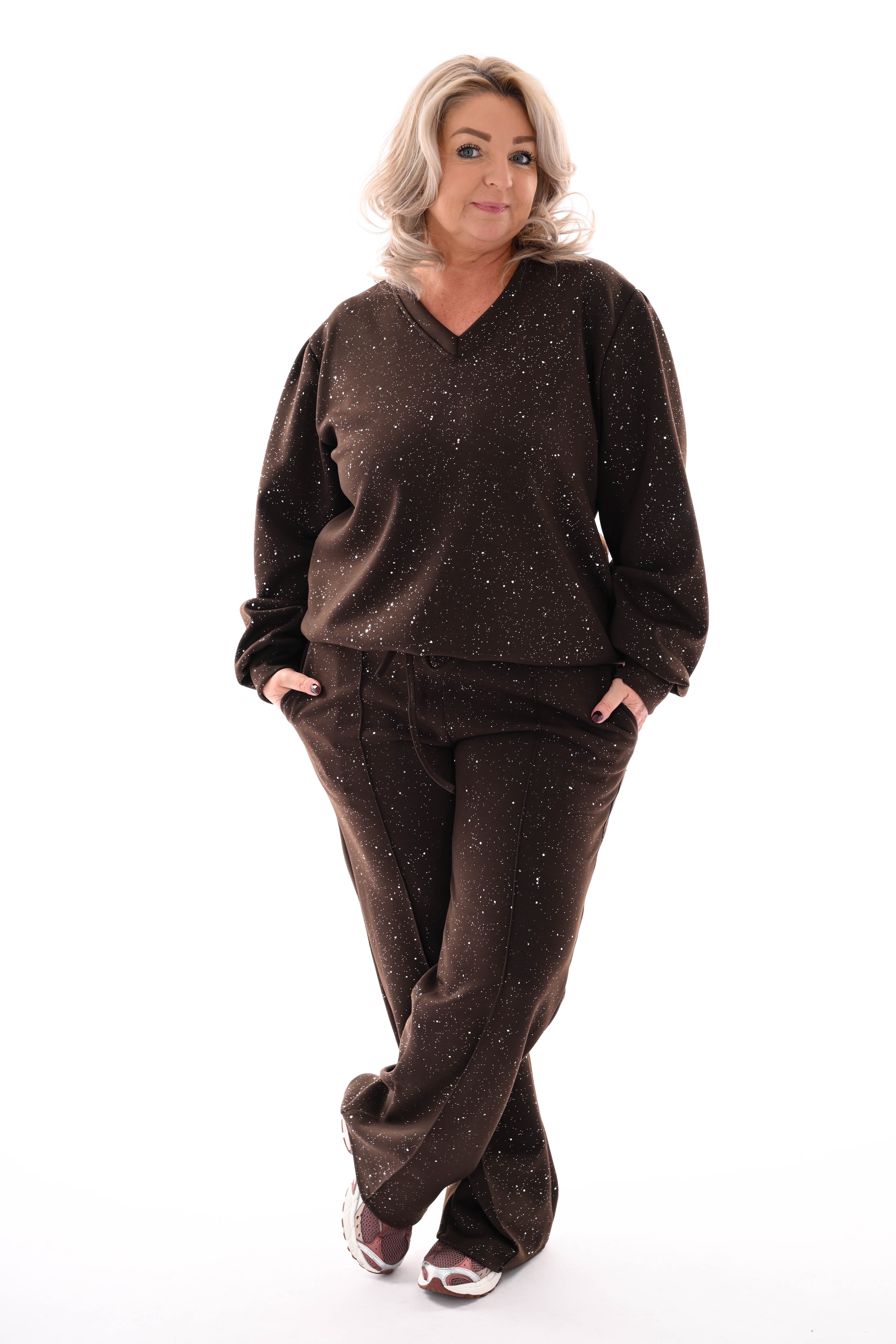 Tweedelig pak glitter flakes sweater v-hals donkerbruin