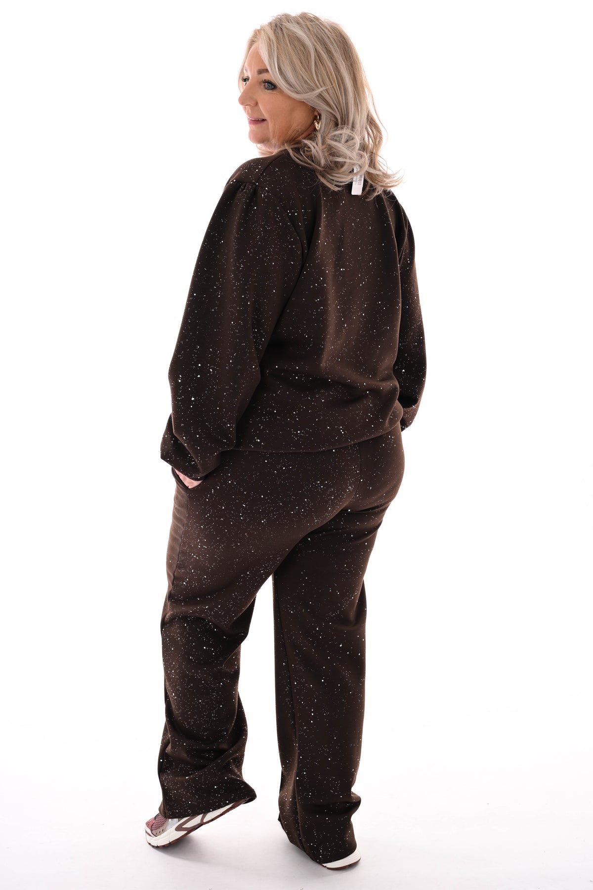 Tweedelig pak glitter flakes sweater v-hals donkerbruin