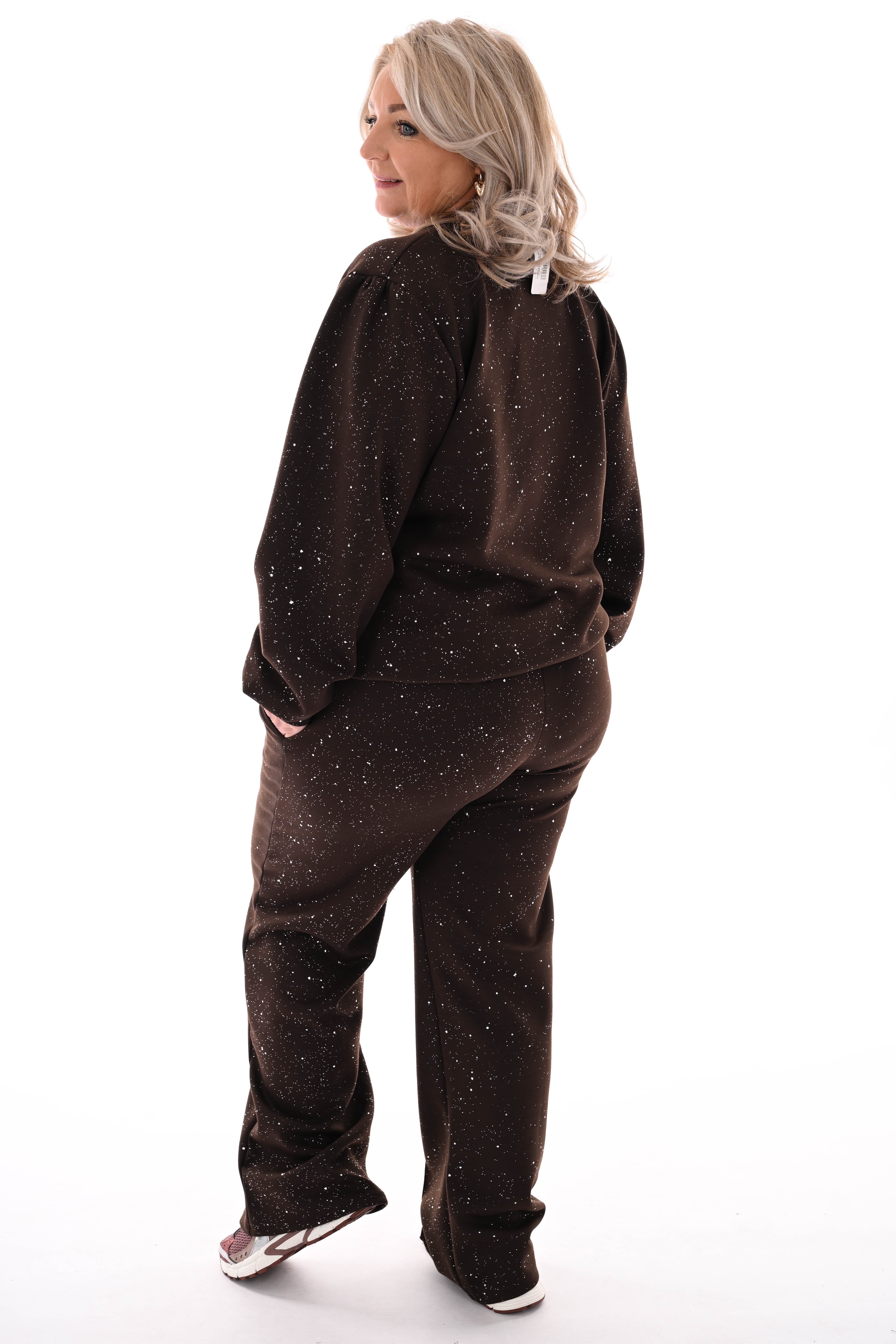 Tweedelig pak glitter flakes sweater v-hals donkerbruin