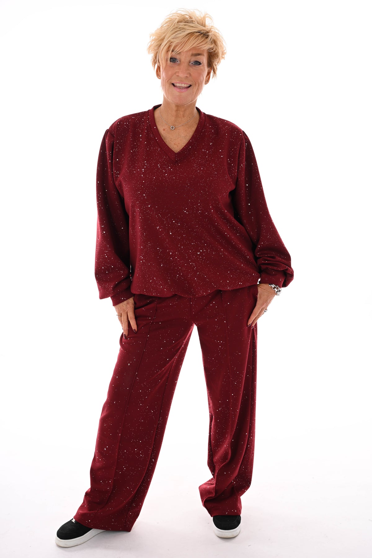 Tweedelig pak glitter flakes sweater v-hals bordeaux