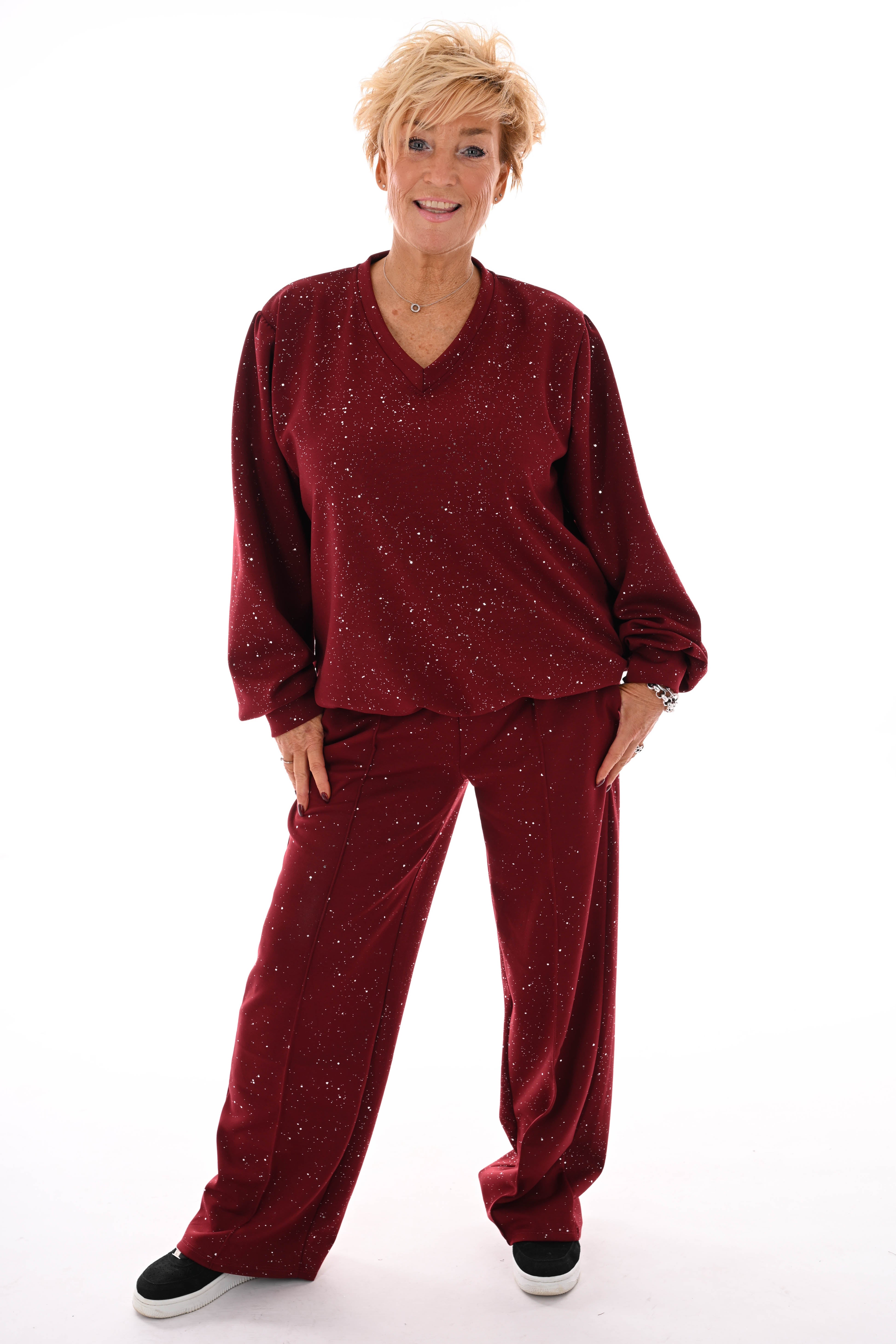 Tweedelig pak glitter flakes sweater v-hals bordeaux