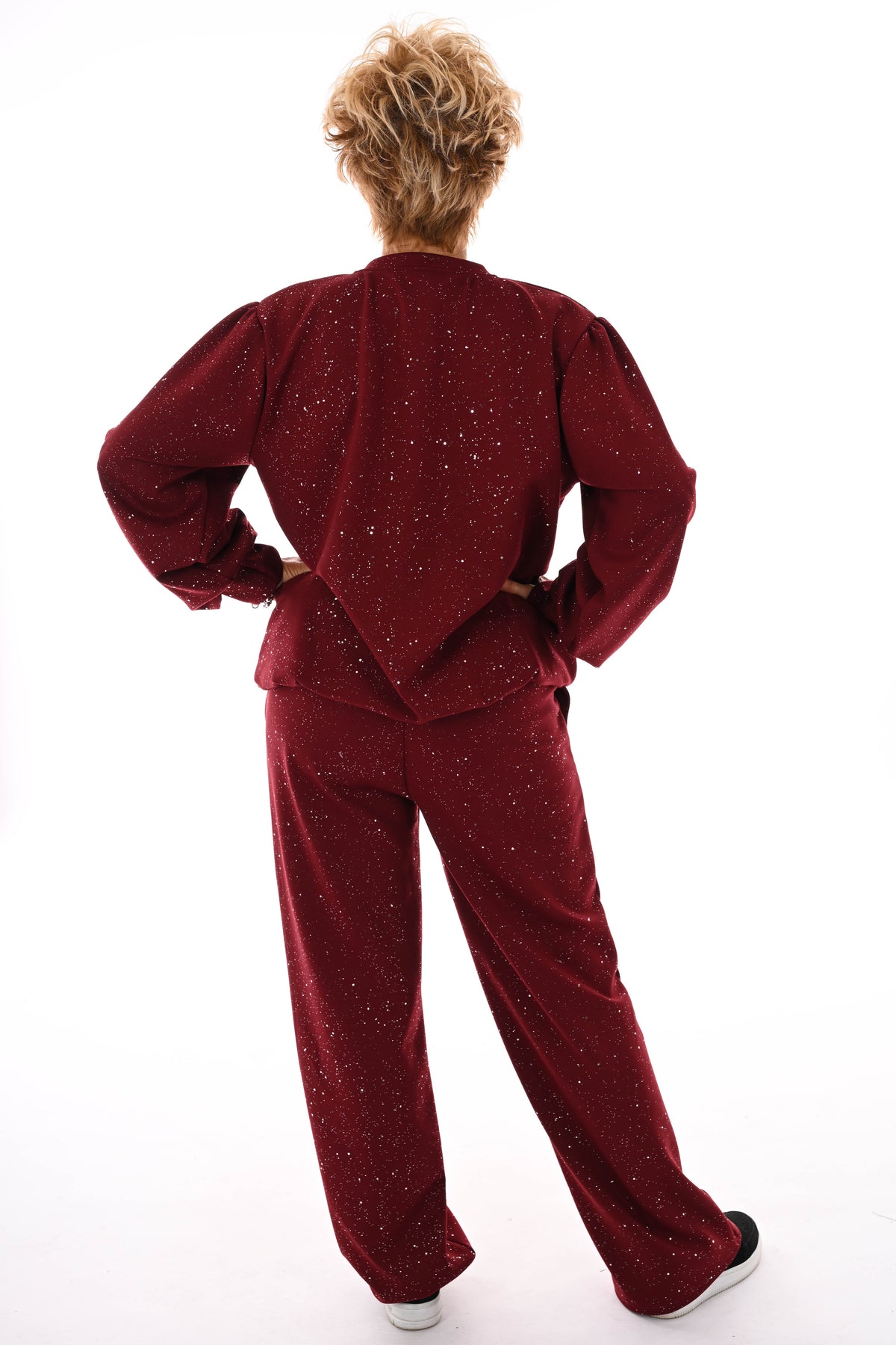 Tweedelig pak glitter flakes sweater v-hals bordeaux
