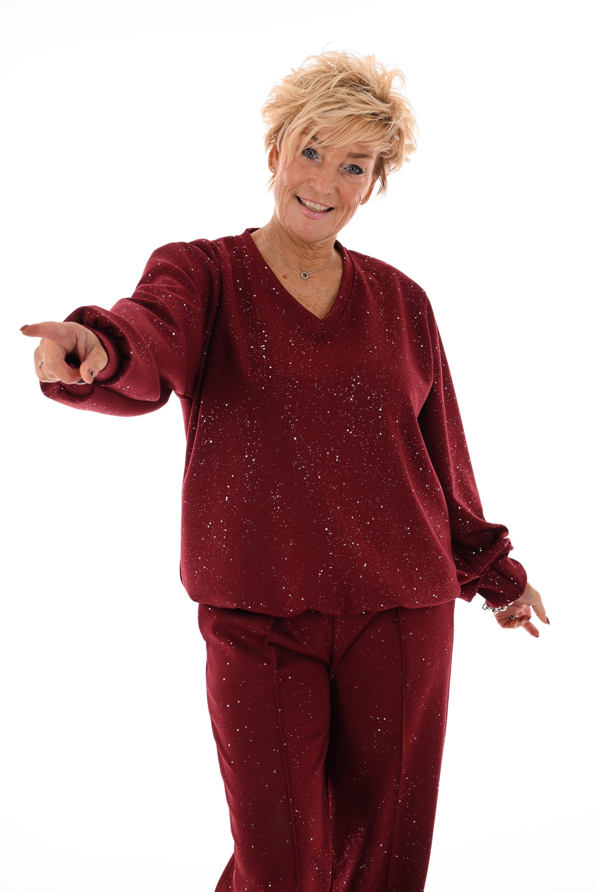 Tweedelig pak glitter flakes sweater v-hals bordeaux