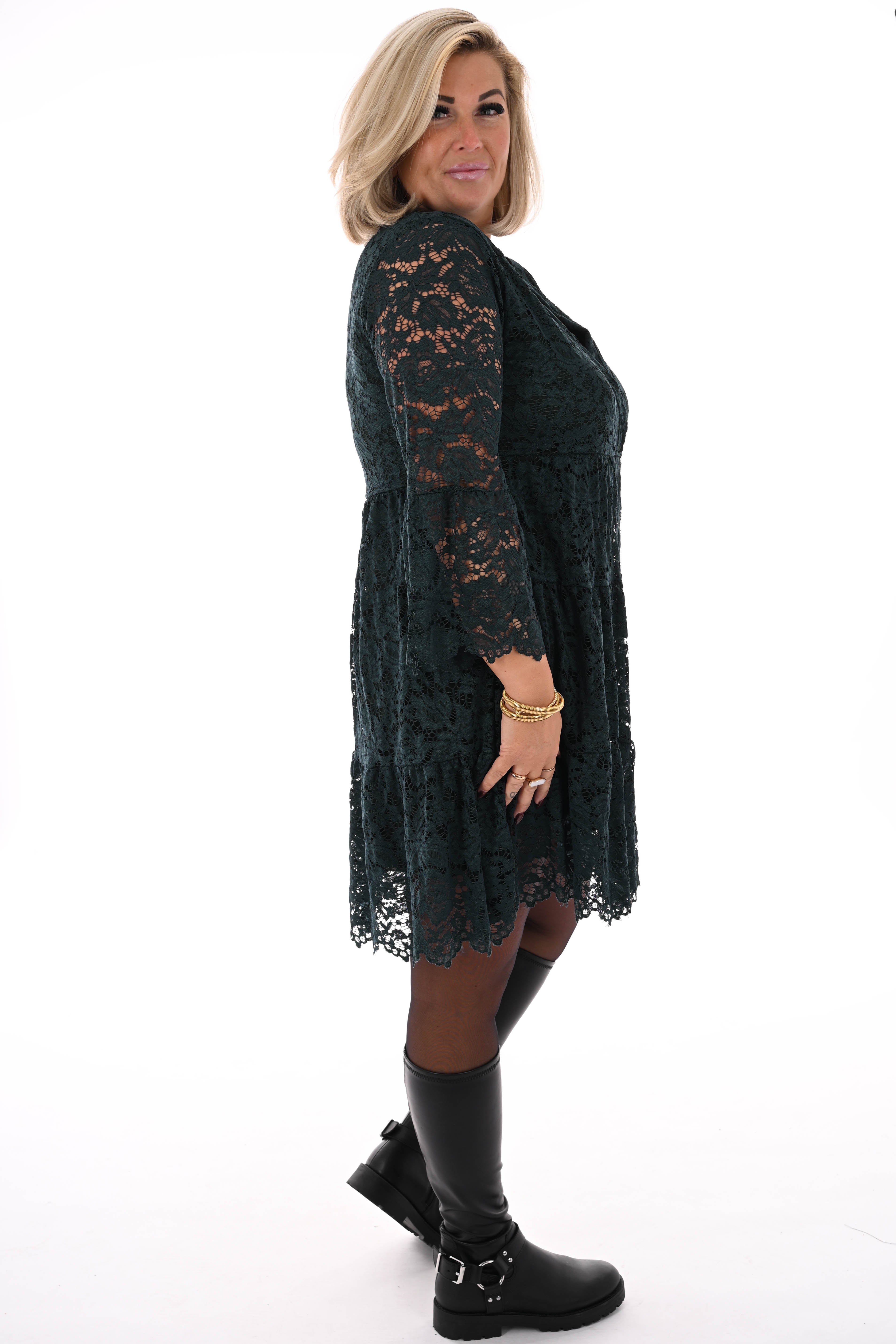 Korte kanten jurk met v-hals donkergroen