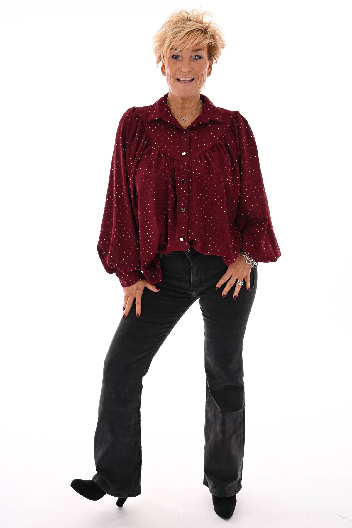 Blouse met strass plooienhals bordeaux
