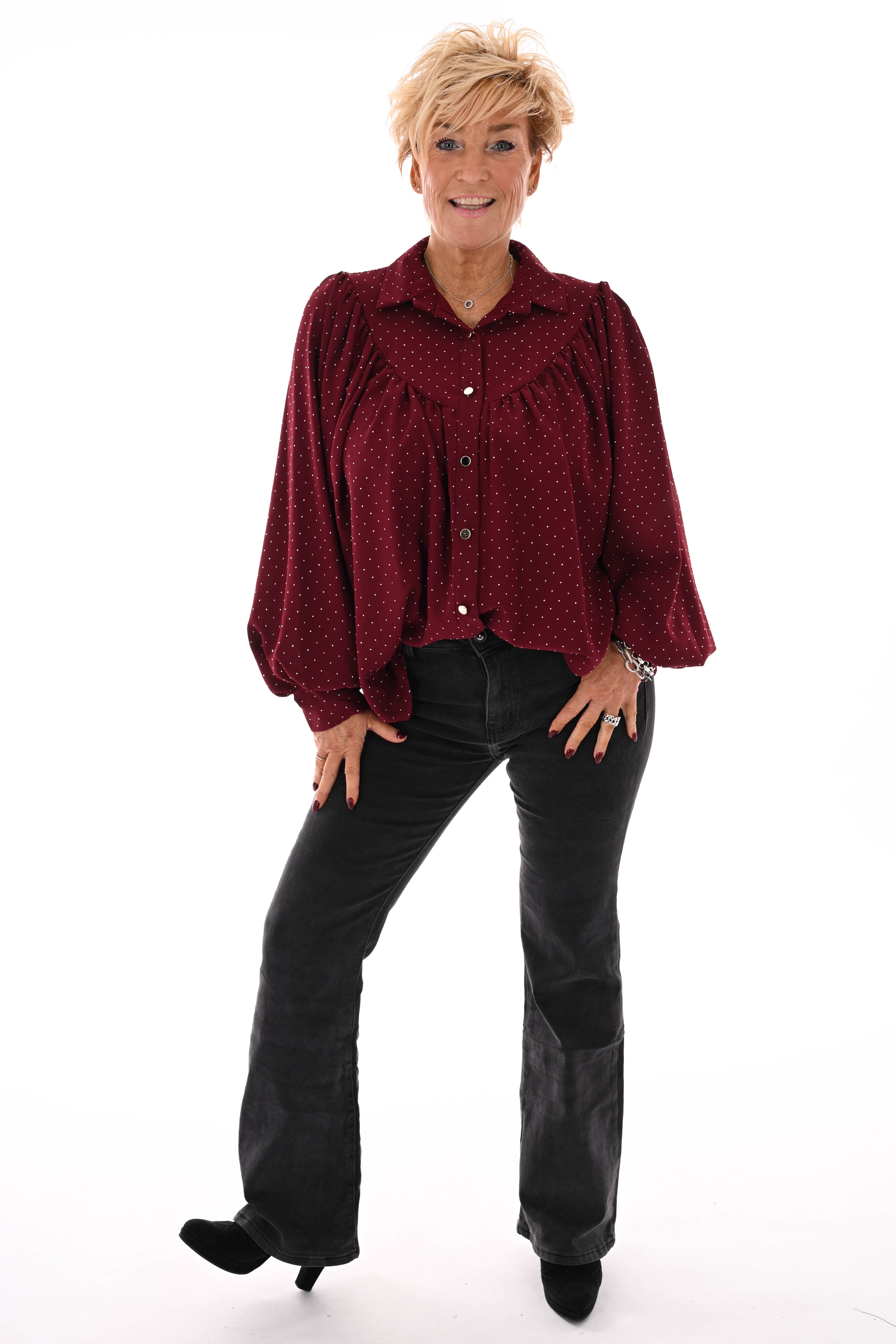 Blouse met strass plooienhals bordeaux