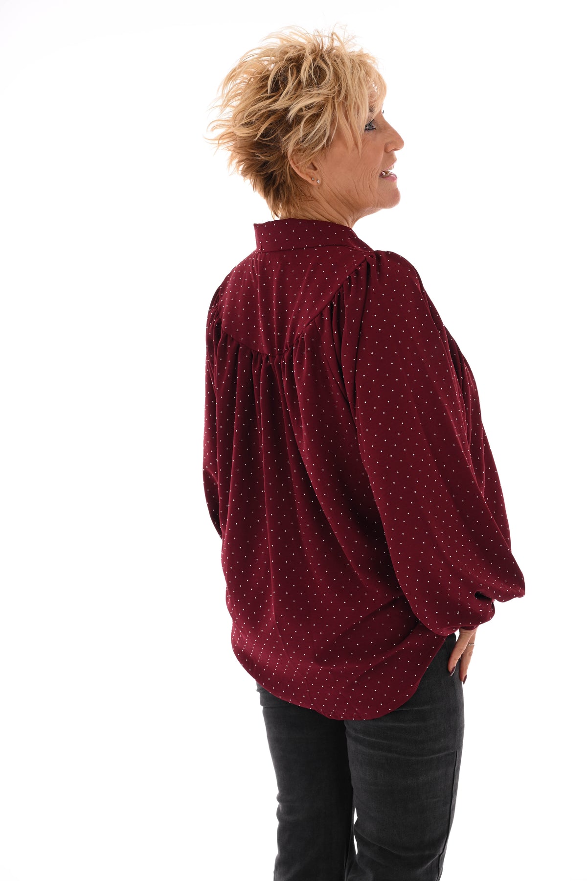 Blouse met strass plooienhals bordeaux