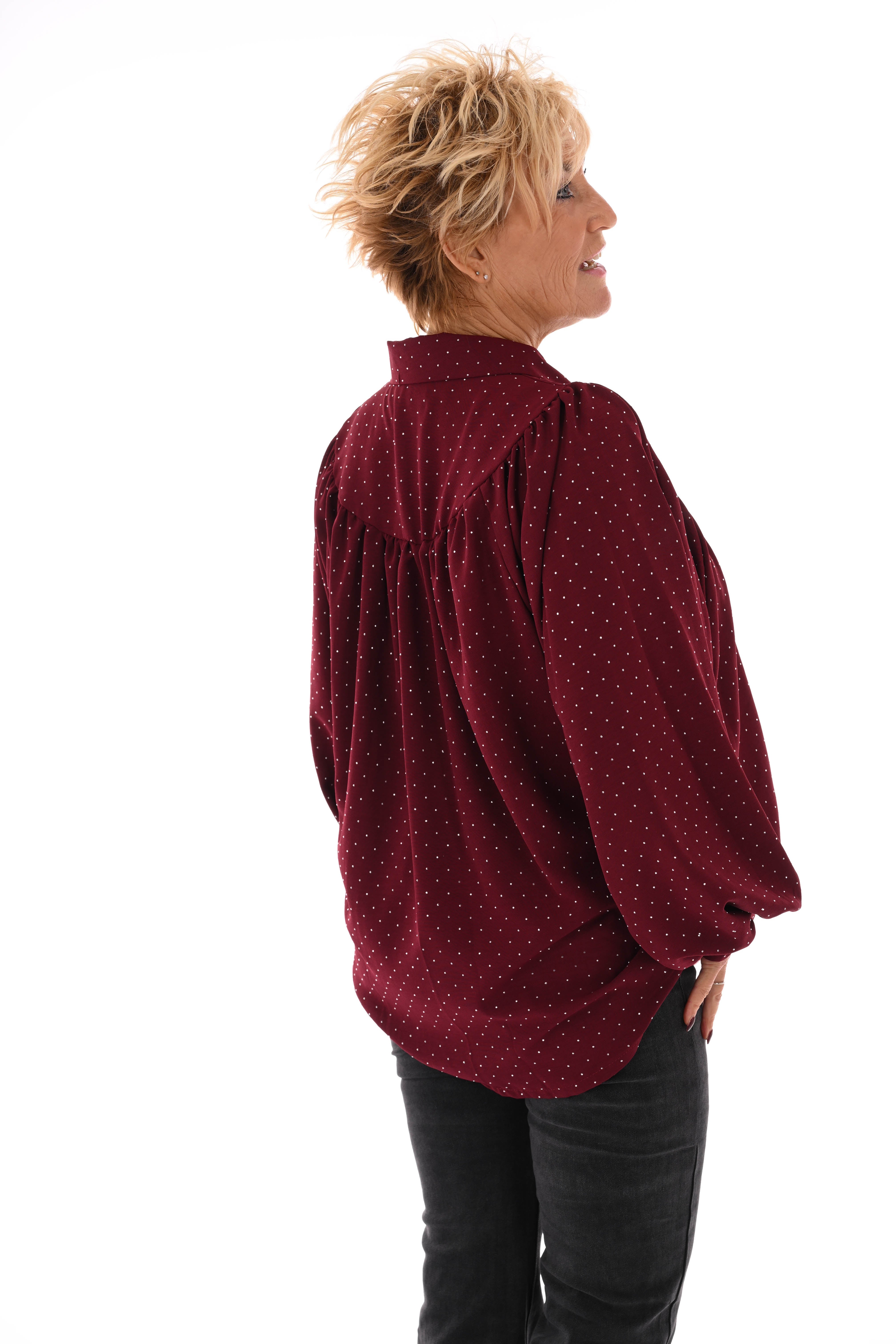 Blouse met strass plooienhals bordeaux