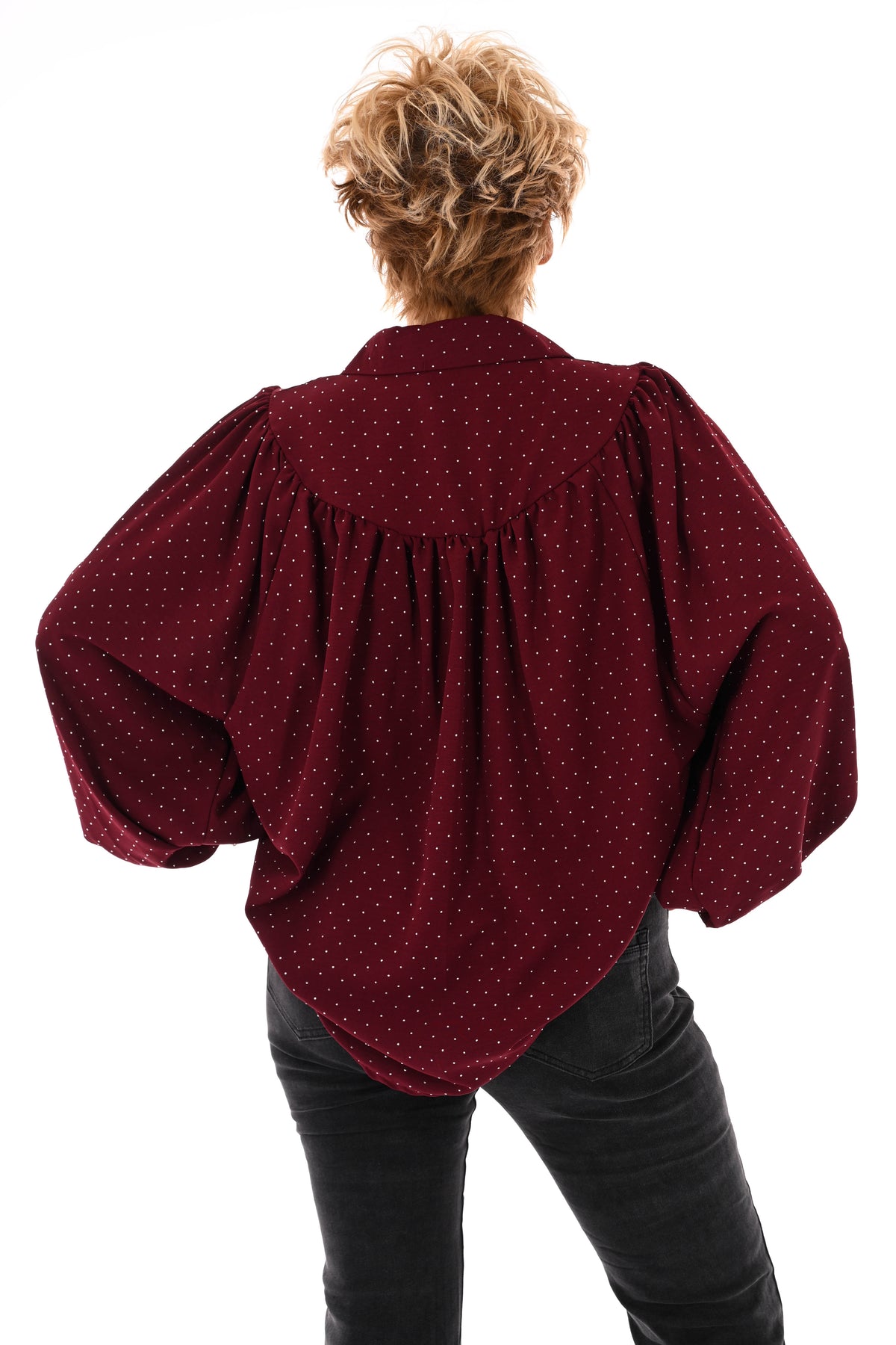 Blouse met strass plooienhals bordeaux