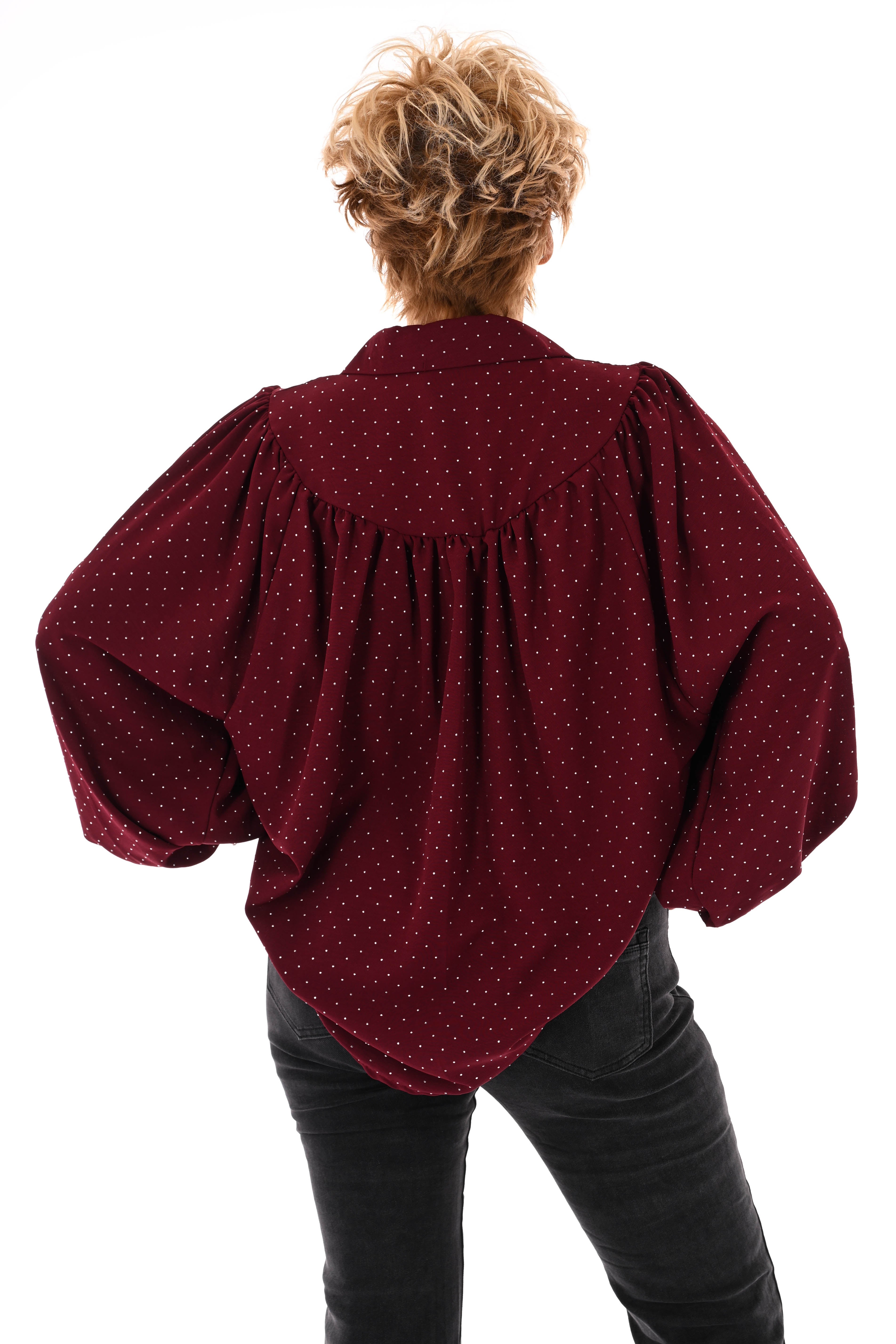 Blouse met strass plooienhals bordeaux