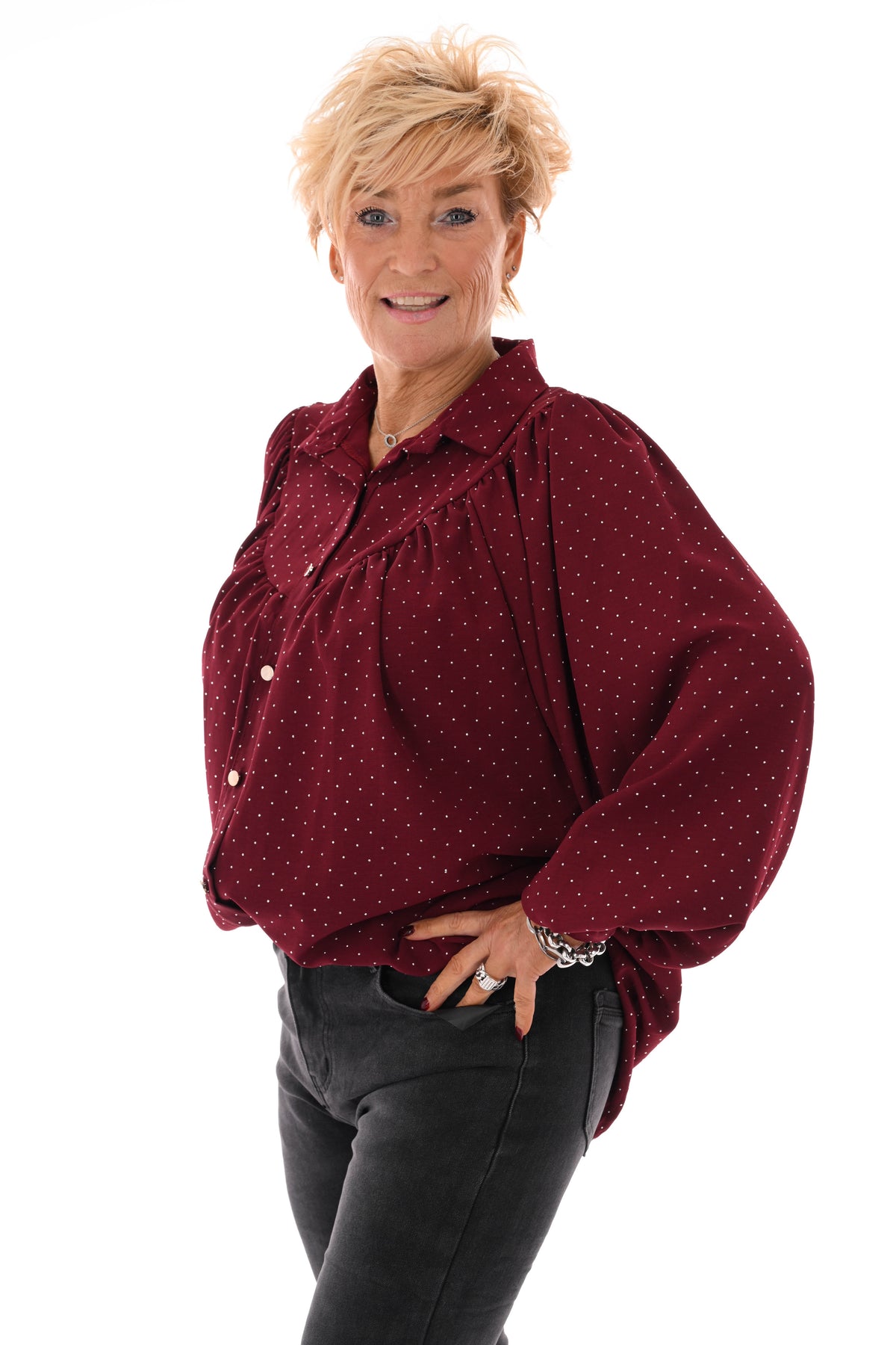 Blouse met strass plooienhals bordeaux