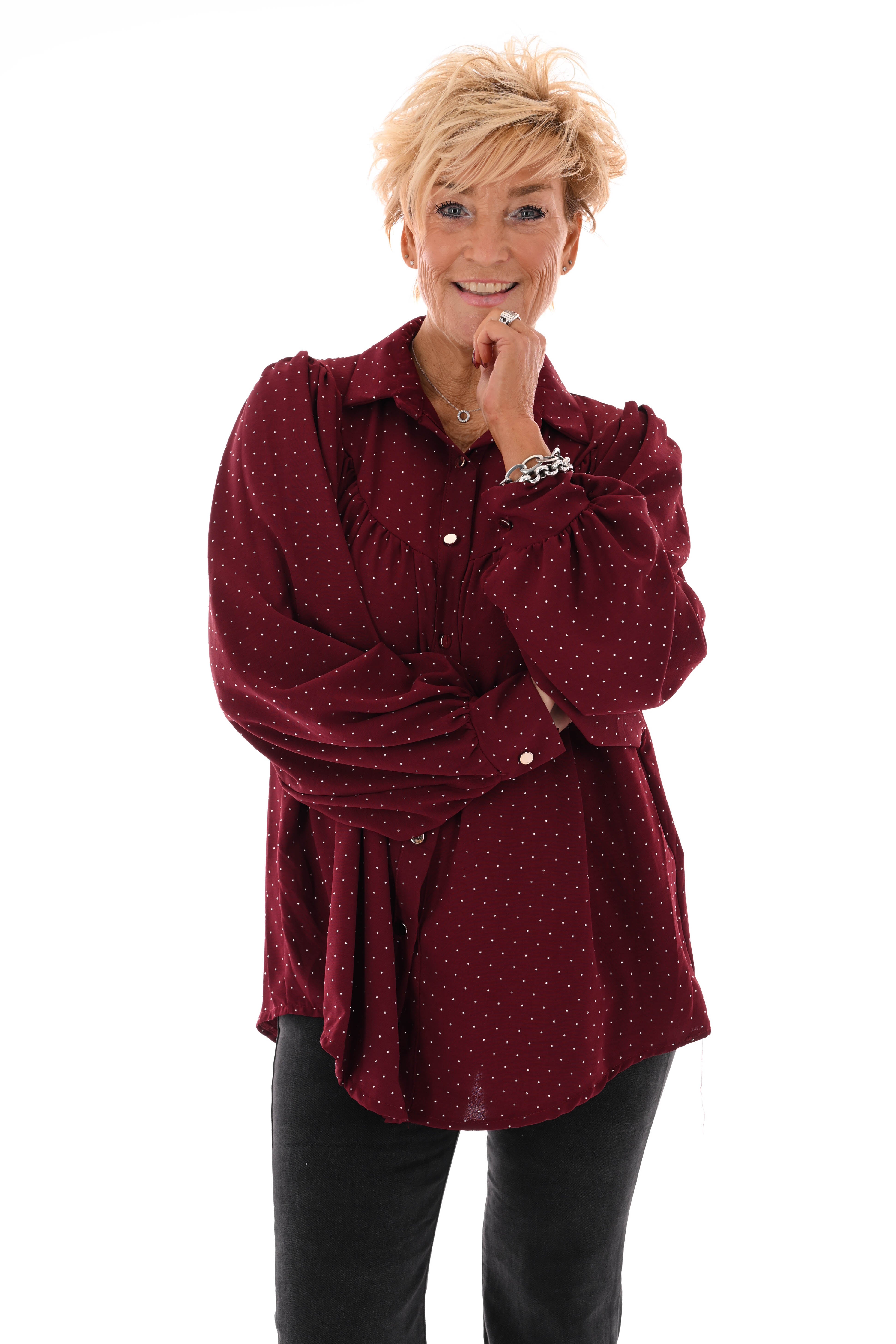 Blouse met strass plooienhals bordeaux