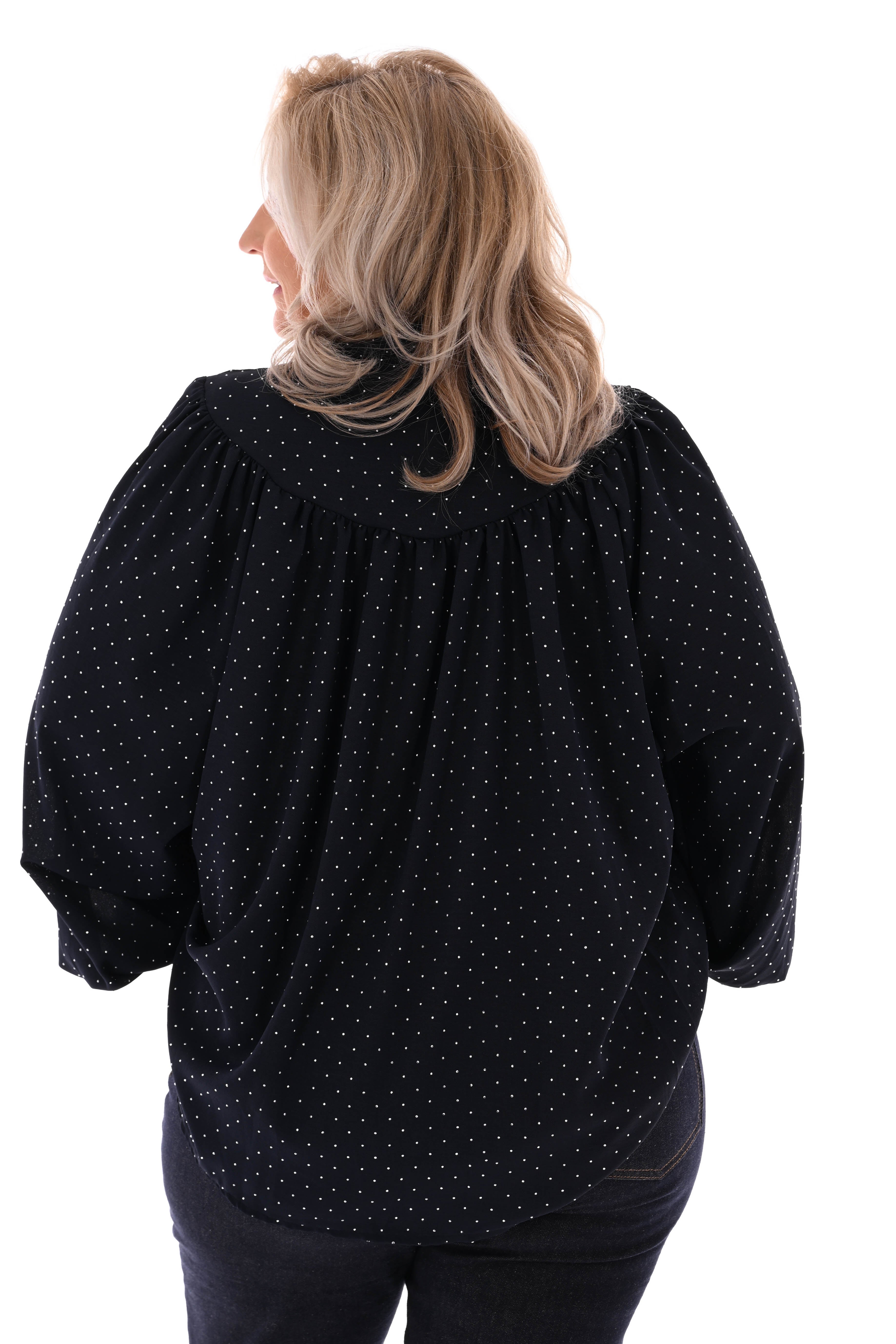 Blouse met strass plooienhals marineblauw