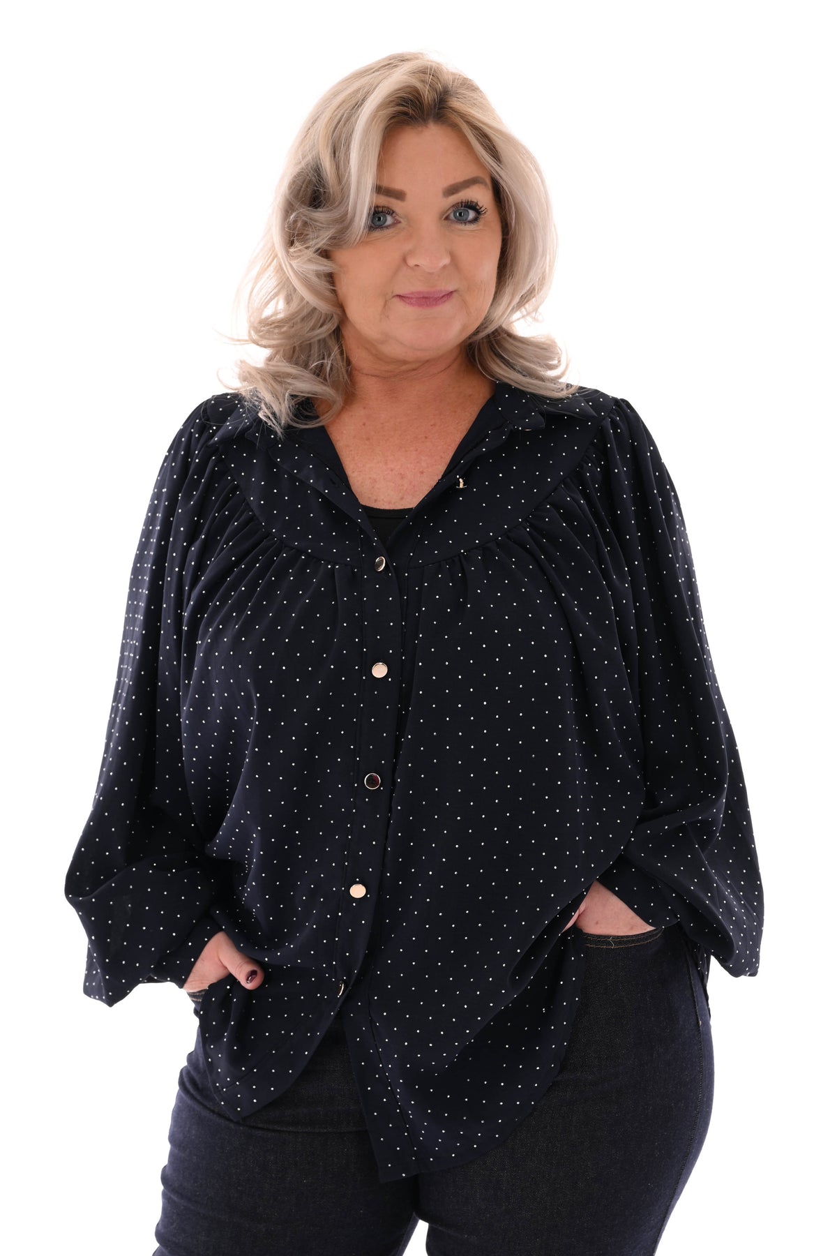 Blouse met strass plooienhals marineblauw