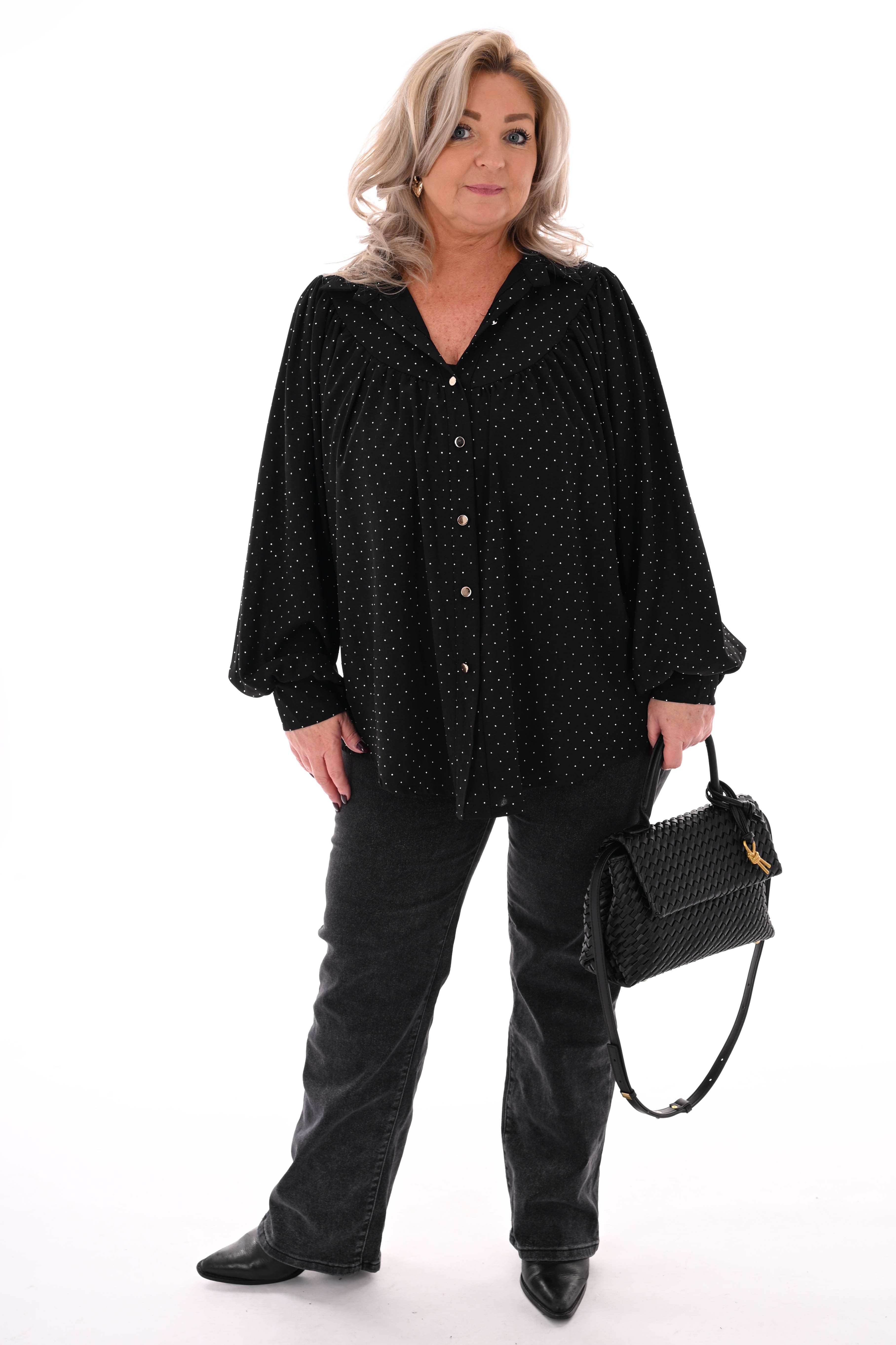 Blouse met strass plooienhals zwart