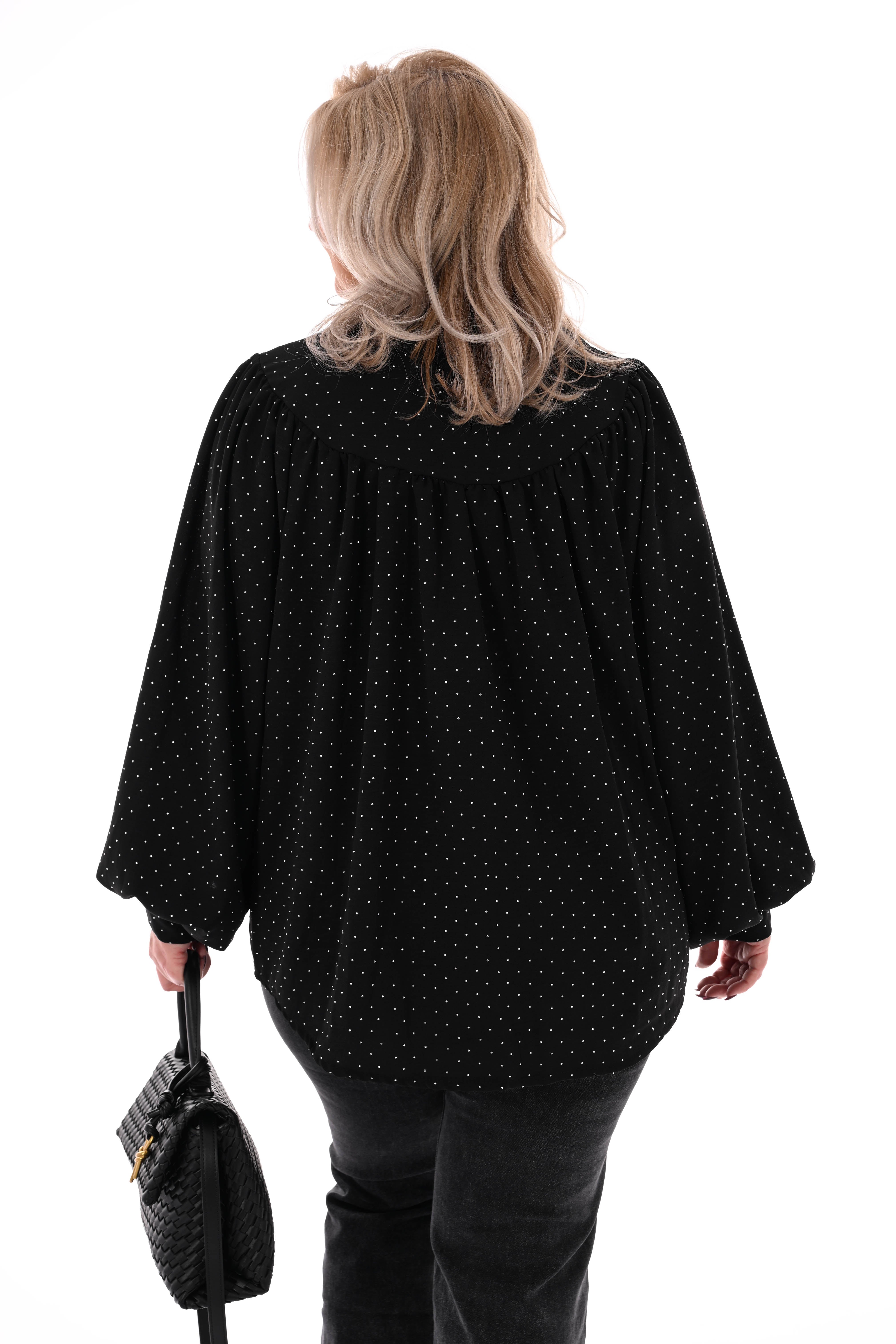 Blouse met strass plooienhals zwart